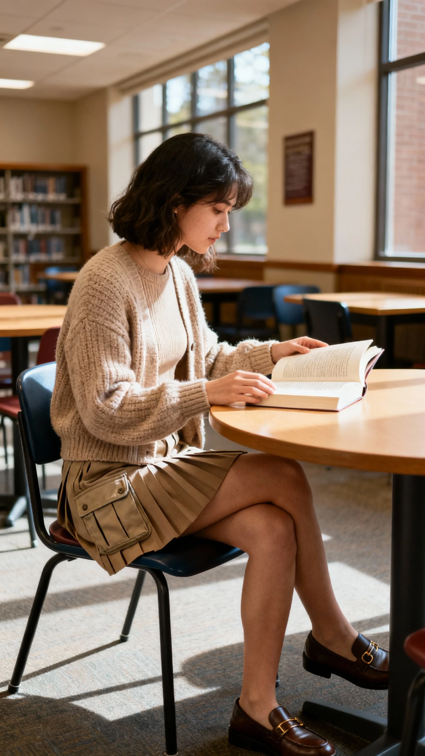 Cozy academia photo of a woman in a cardigan set (knit cardigan and matching top) with a pleated cargo mini and loafers, browsing books at a campus cafe table, face looking away, soft indoor light, iPhone quality.