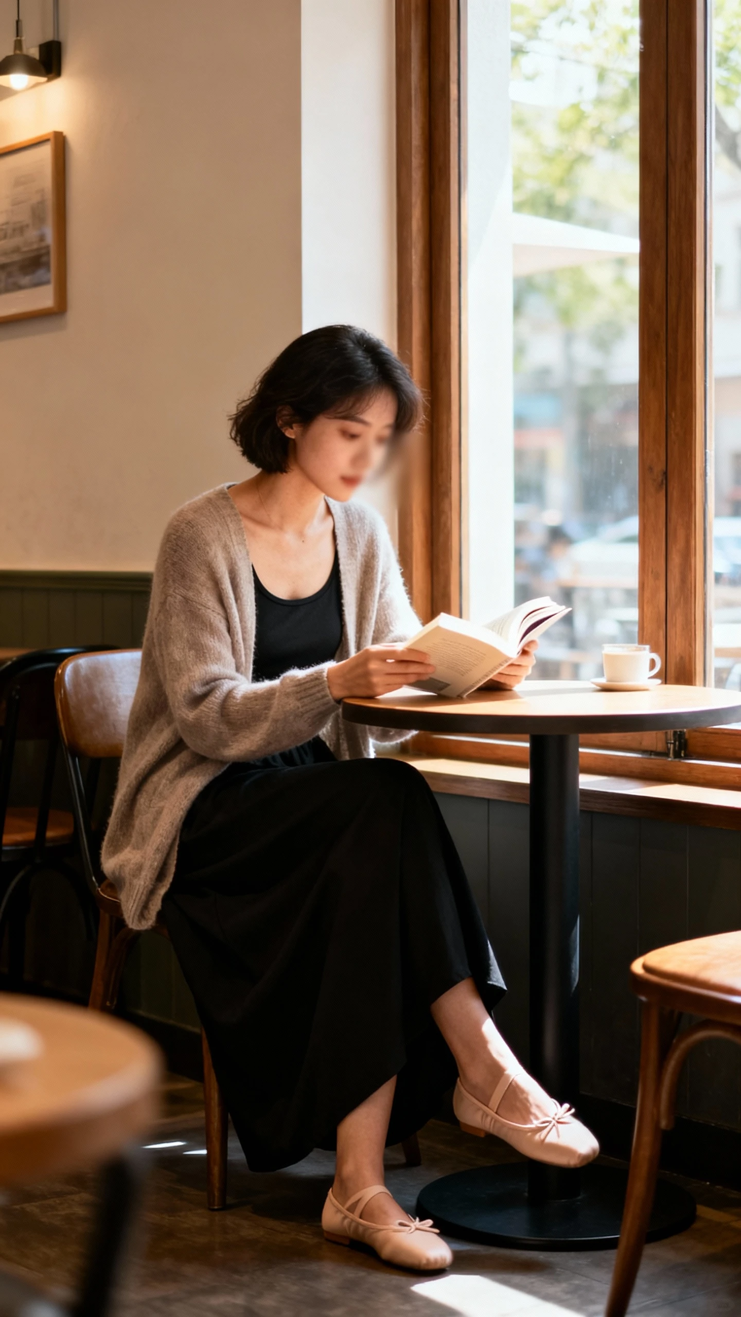 Cozy cafe candid of a woman wearing a black maxi skirt with a soft cardigan over a simple tank and ballet flats, reading at a small table, face slightly blurred, warm window light, iPhone photo aesthetic.