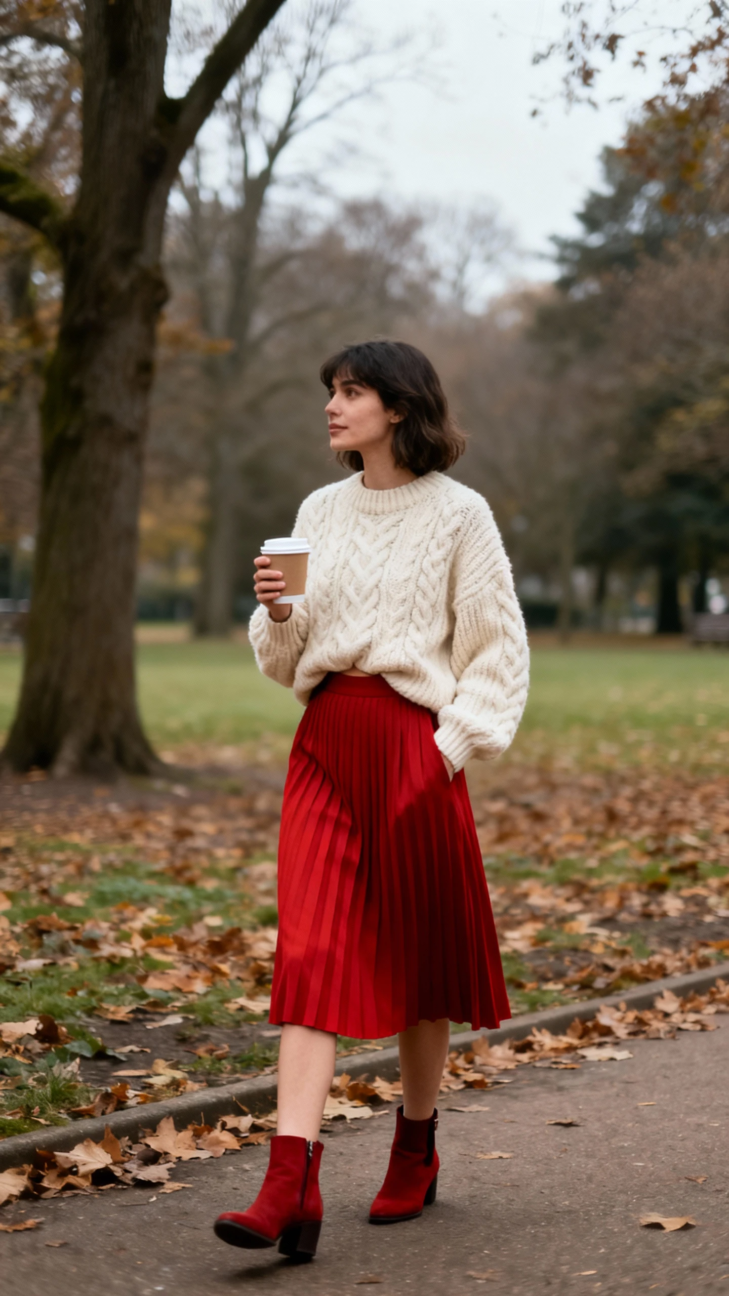 Cozy candid of a woman in a chunky cream sweater half-tucked into a red pleated skirt with ankle boots, holding a takeaway coffee in a leafy park, face looking away, overcast daylight, iPhone photo quality.