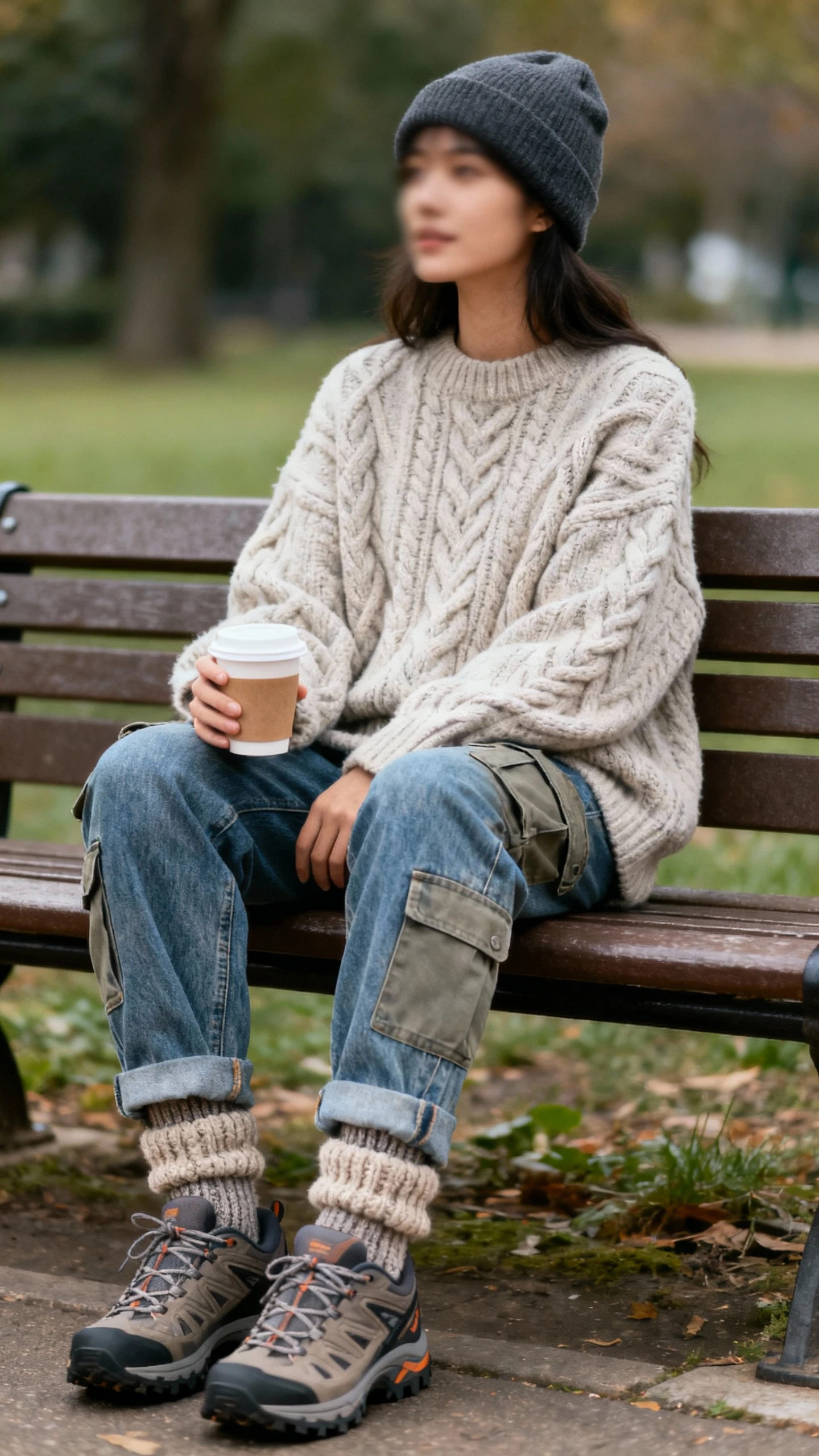 Cozy candid of a woman wearing cargo jeans, slouchy cable-knit sweater, trail-inspired sneakers, chunky socks, and a beanie, sitting on a park bench with a coffee, face slightly blurred, cool morning light, iPhone photo feel.