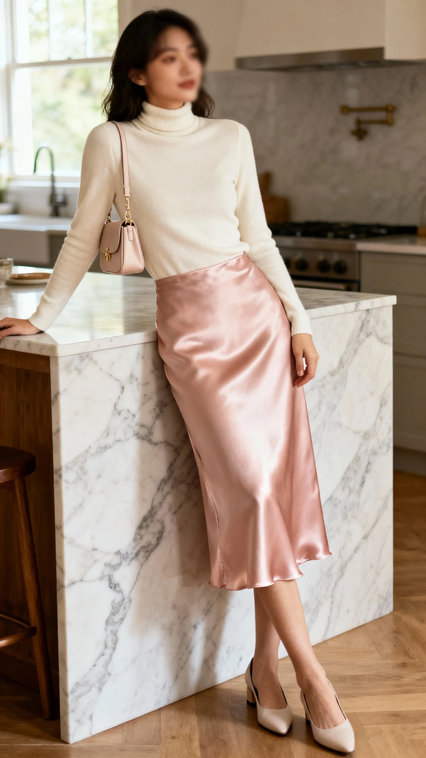 Cozy indoor photo of a woman wearing a blush satin slip skirt, fitted cream turtleneck, minimalist heels, and a delicate shoulder bag, leaning on a marble kitchen island, face slightly blurred, soft window light, iPhone photo quality.