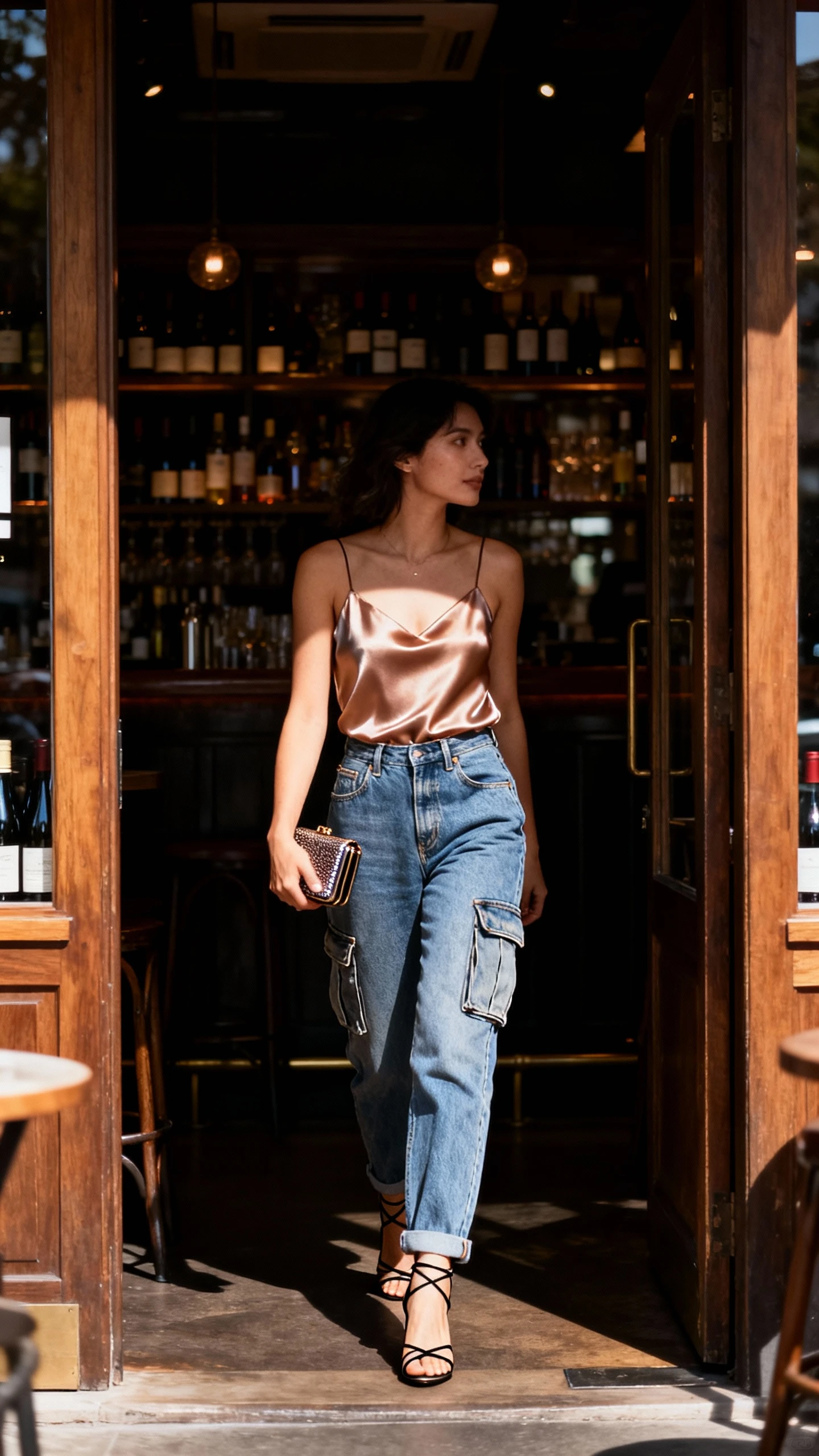 Evening candid of a woman in cargo jeans, satin cami, strappy heels, and a compact clutch, walking into a dimly lit wine bar, face in shadow looking away, warm ambient light, iPhone night photo.