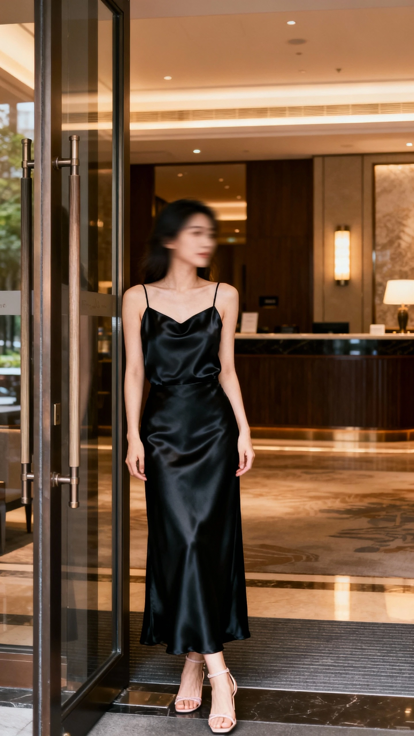 Evening shine candid of a woman wearing a black satin maxi skirt with a black satin camisole and delicate heels, standing by a hotel lobby doorway, face slightly blurred, warm ambient light, iPhone photo style.