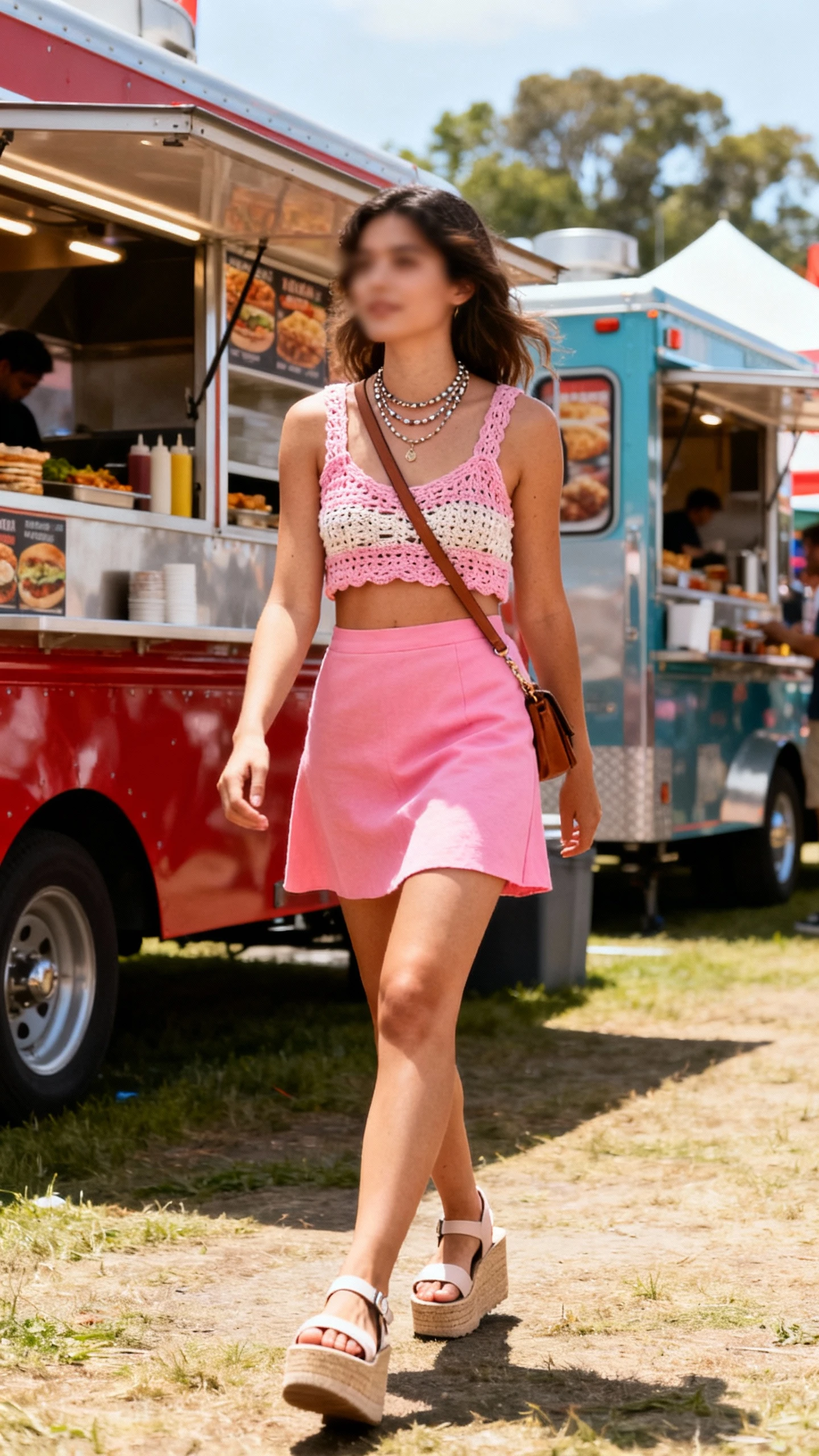 Festival-ground candid of a woman in a pink mini or midi skirt, crochet crop top, platform sandals, layered necklaces, and a crossbody, walking past food trucks, face slightly blurred, sunny daylight, iPhone photo quality.