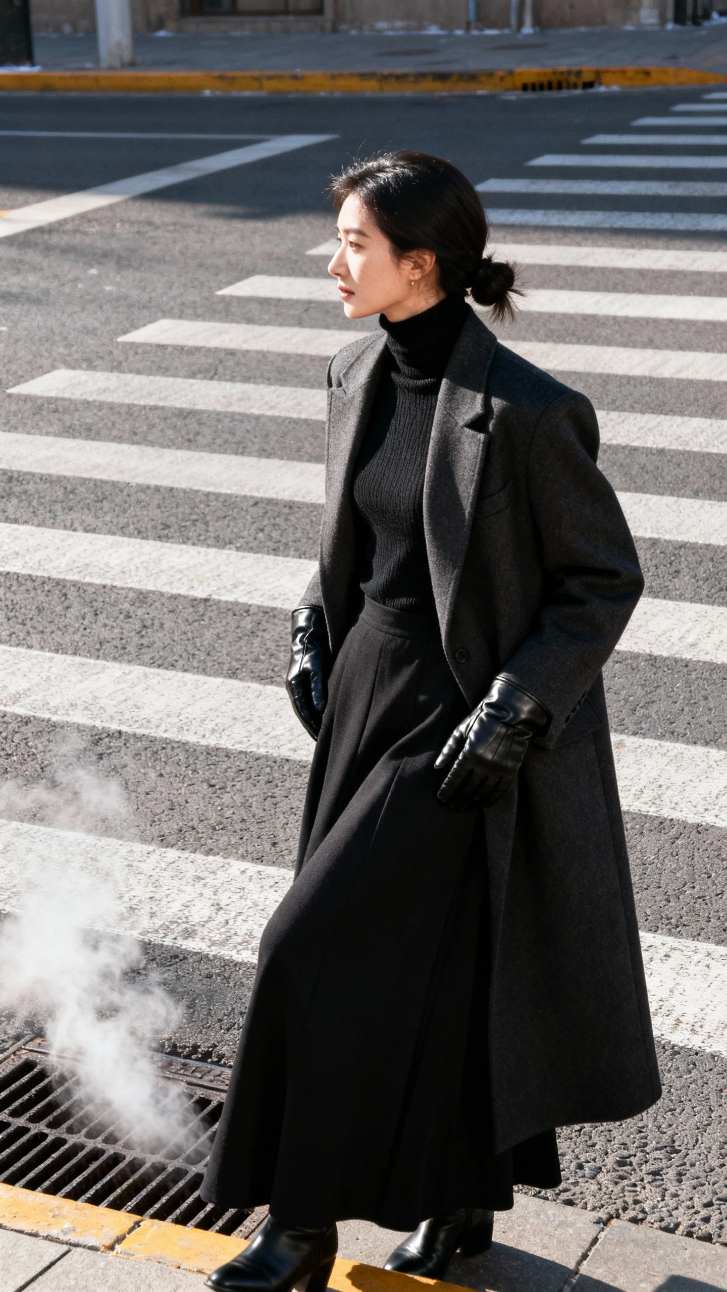 Layered winter candid of a woman wearing a black maxi skirt with a fitted turtleneck, long tailored coat, and leather gloves, waiting at a crosswalk with steam rising from a street vent, face in shadow, cold daylight, iPhone photo aesthetic.