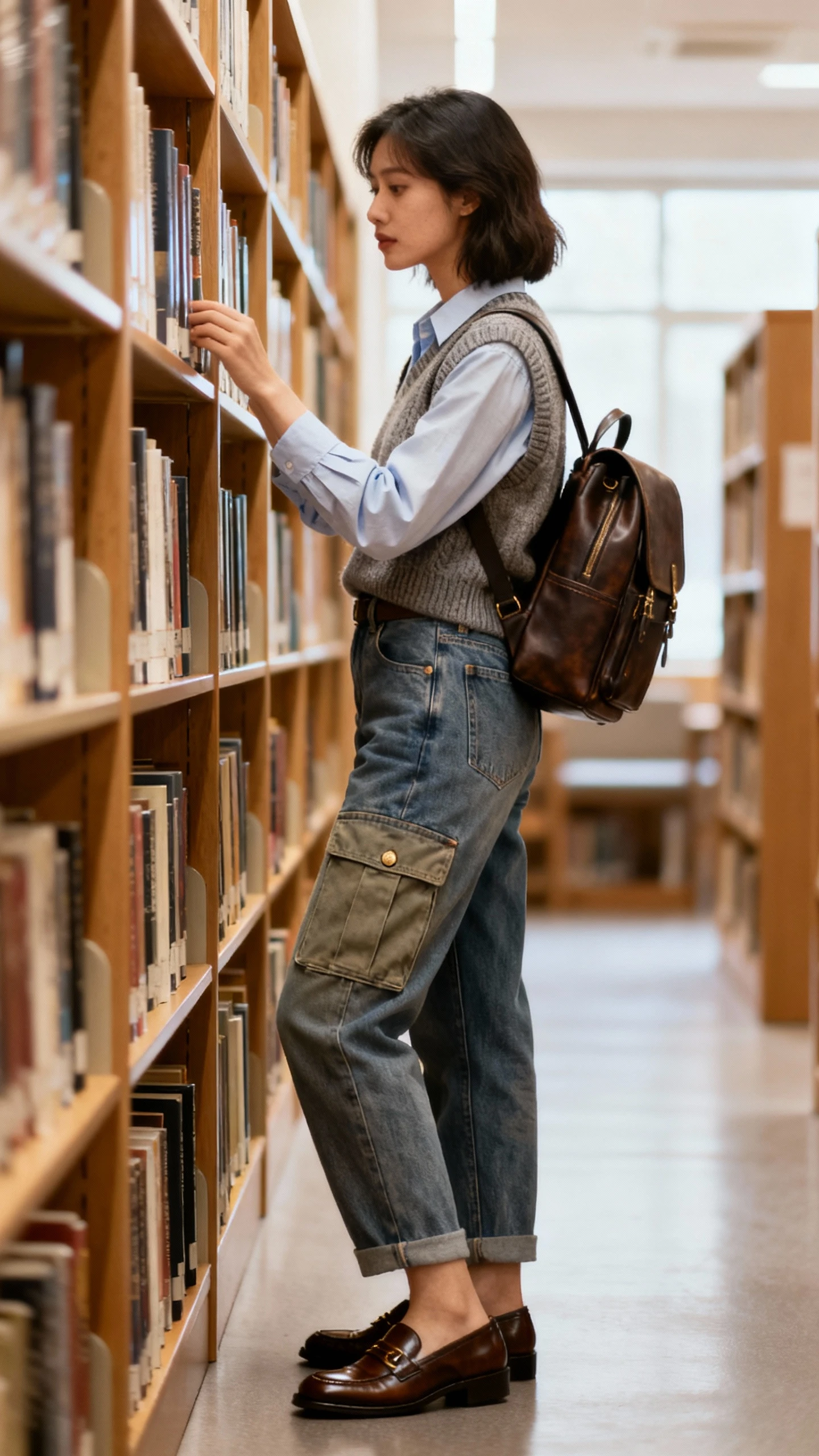 Library candid of a woman in cargo jeans, button-down shirt layered with a sweater vest, penny loafers, and a structured backpack, browsing shelves, face slightly blurred, soft indoor light, iPhone aesthetic.