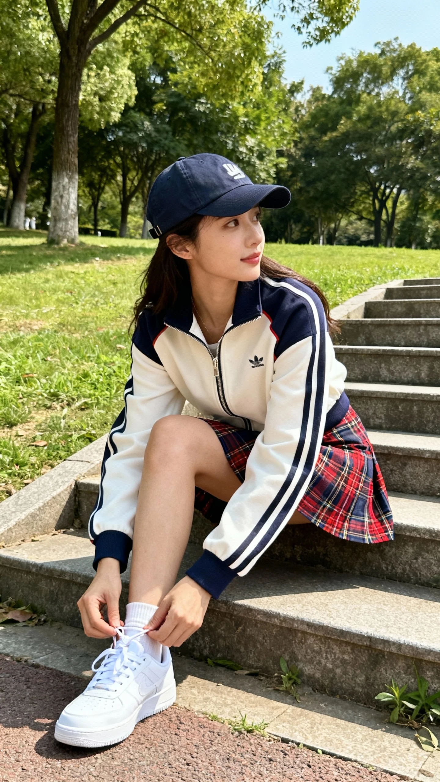Lifestyle photo of a woman in a plaid skirt with a sporty zip-up jacket, clean white sneakers, and a baseball cap, tying her shoe near park steps, face looking away, bright daylight, iPhone candid.