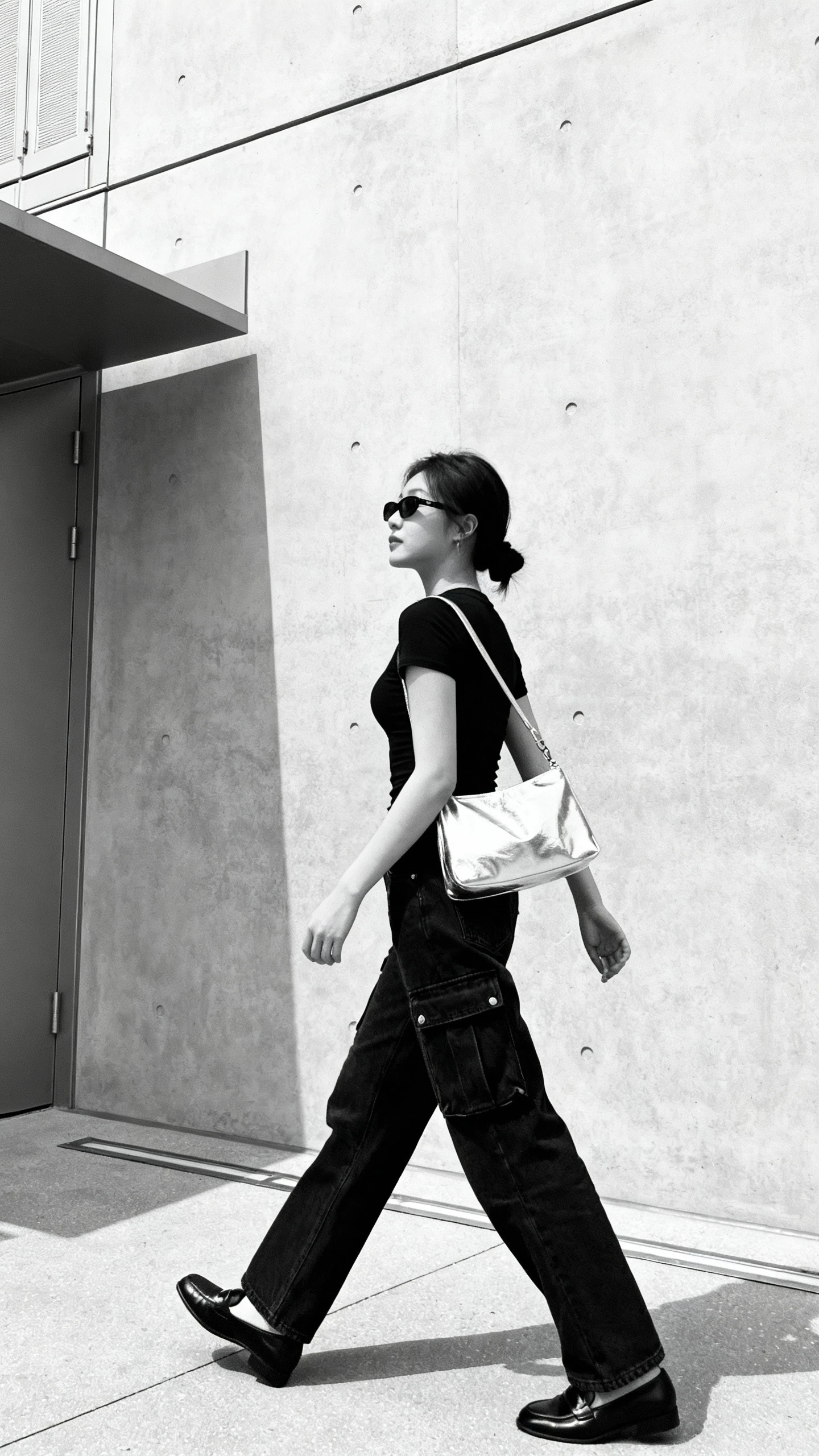 Minimal monochrome candid: a woman in black cargo jeans, black fitted tee, black loafers, with a metallic silver shoulder bag as the pop, walking by a modern concrete wall, face looking away, bright daylight, iPhone photo quality.