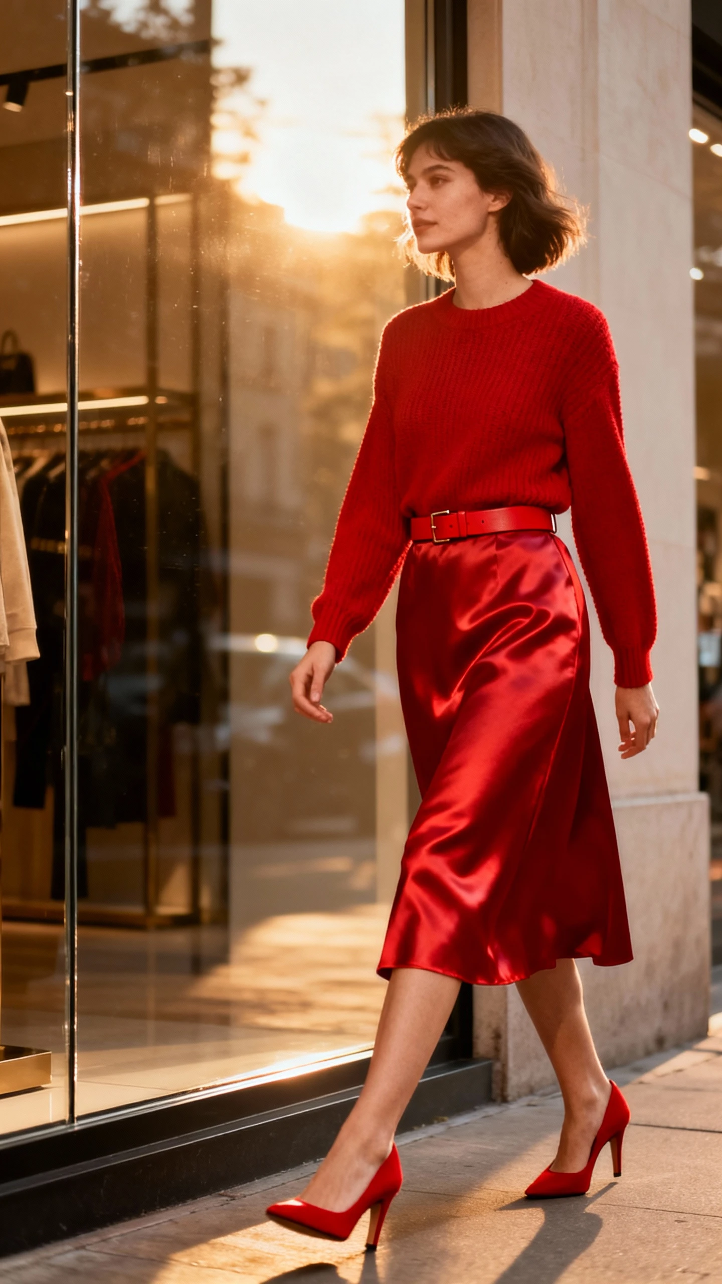Minimal monochrome shot of a woman in a rich all-red look: red satin midi skirt, red knit top, red heels, and a slim red belt, passing a reflective storefront, face slightly blurred, golden-hour light, candid iPhone quality.