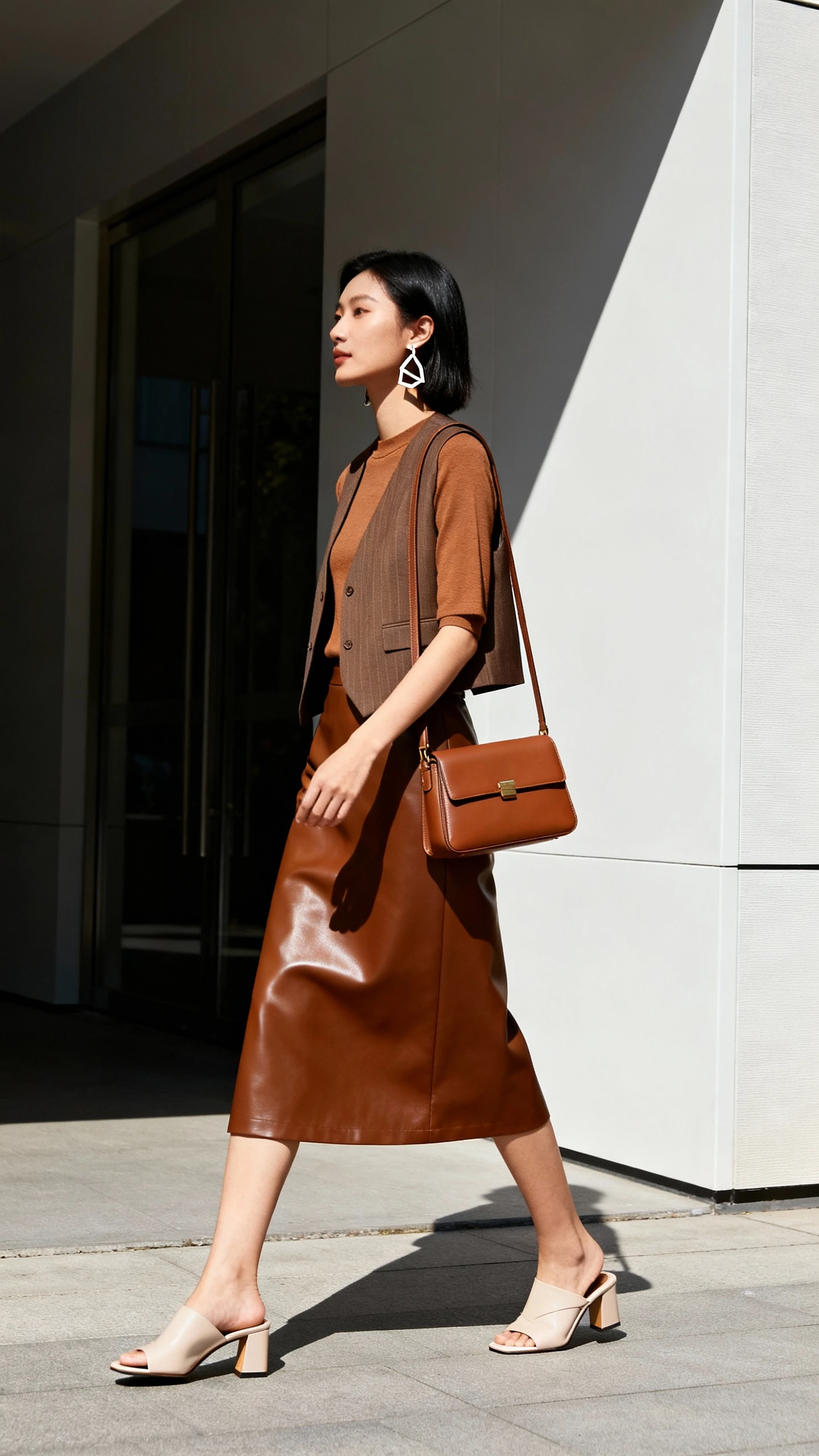 Minimalist candid of a woman wearing a monochrome brown midi skirt in matte fabric with a slightly different-tone brown top, neutral heeled mules, brown structured shoulder bag, geometric earrings, and an optional tailored vest, walking along a modern building, face in shadow, bright daylight, iPhone photo quality.