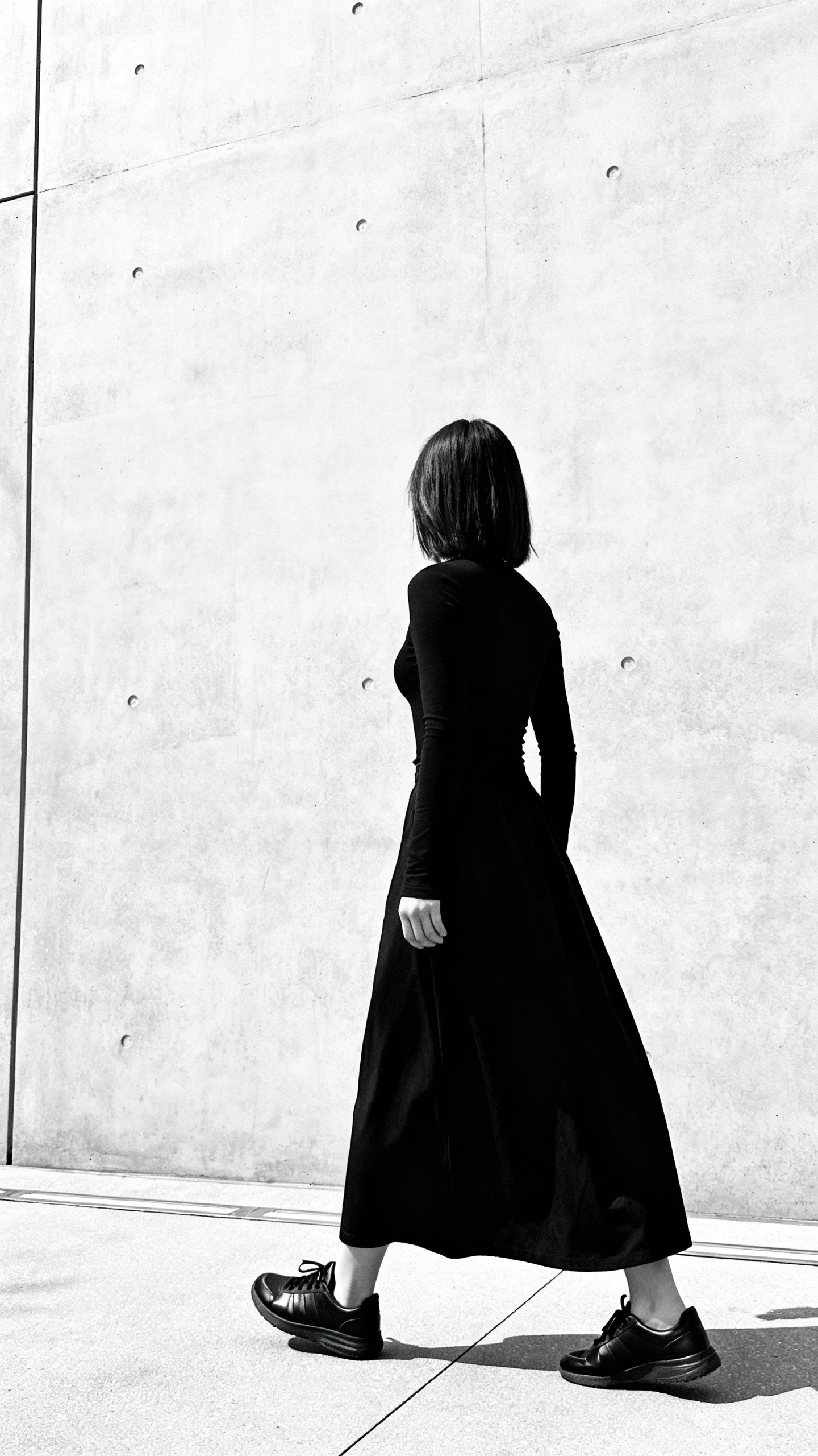 Minimalist monochrome shot of a woman in a black maxi skirt with a black fitted top and black sleek trainers, walking past a concrete wall, face looking away, bright daylight, iPhone photo quality.