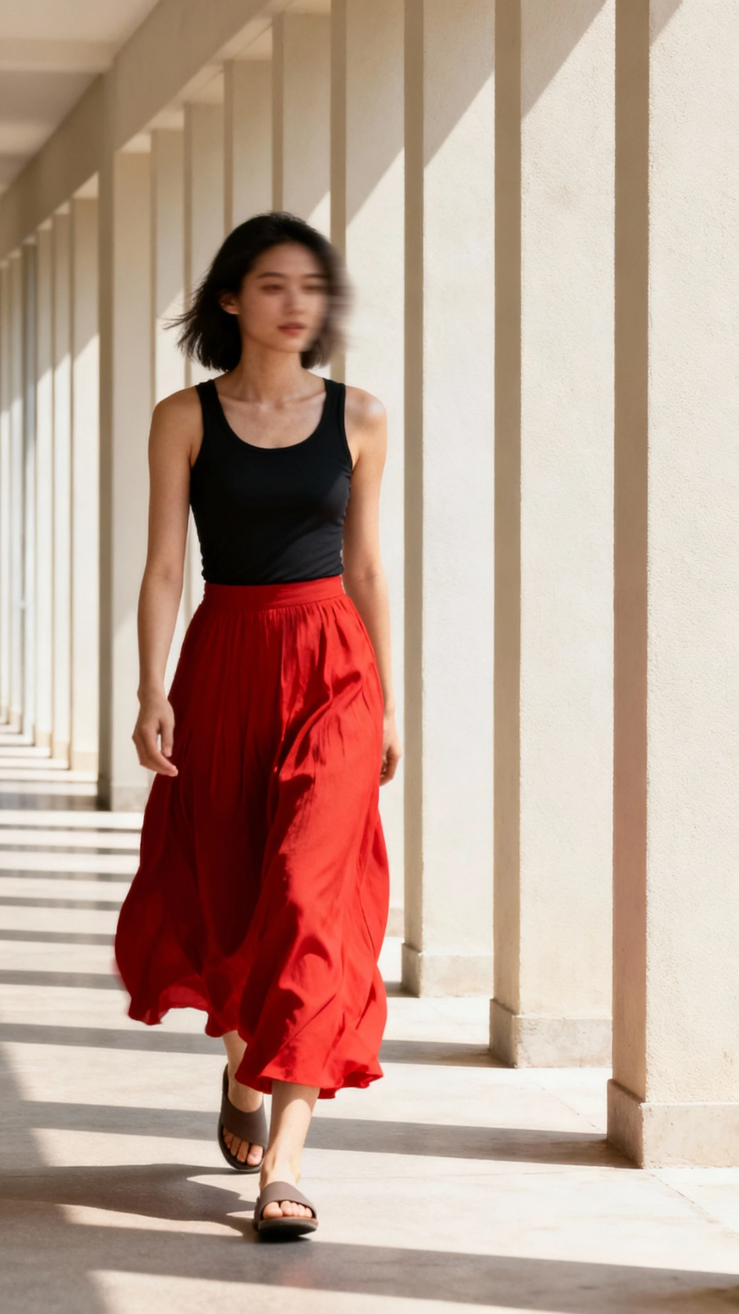Minimalist photo of a woman in a fitted black tank and a swishy red maxi skirt with flat sandals, walking along a sunlit corridor, face slightly blurred, clean lines, natural daylight, iPhone quality.