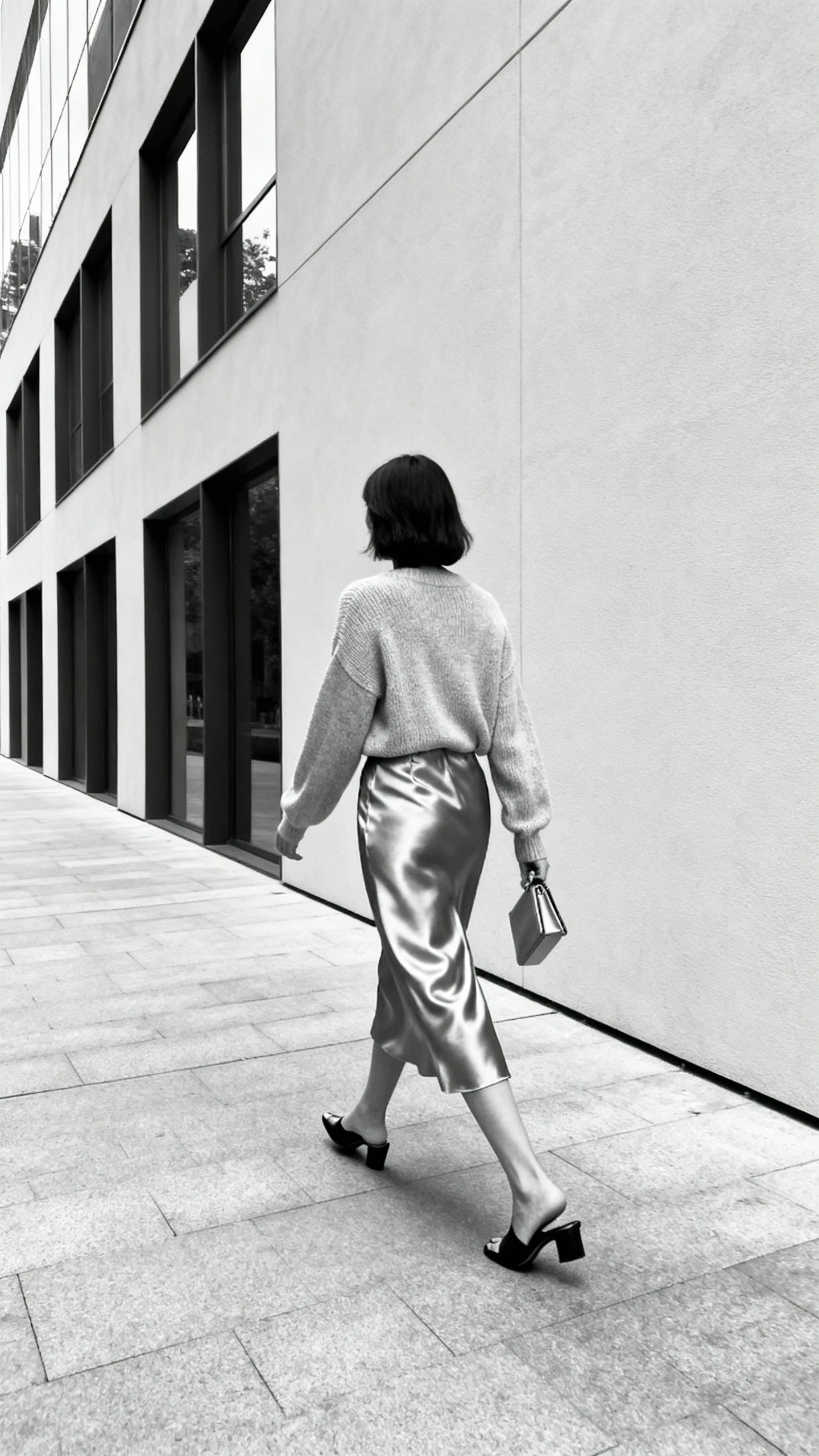 Minimalist street photo of a woman in a monochrome set: matching satin skirt and tonal sweater with streamlined mules and a small clutch, walking along a modern building, face turned away, soft daylight, iPhone candid.