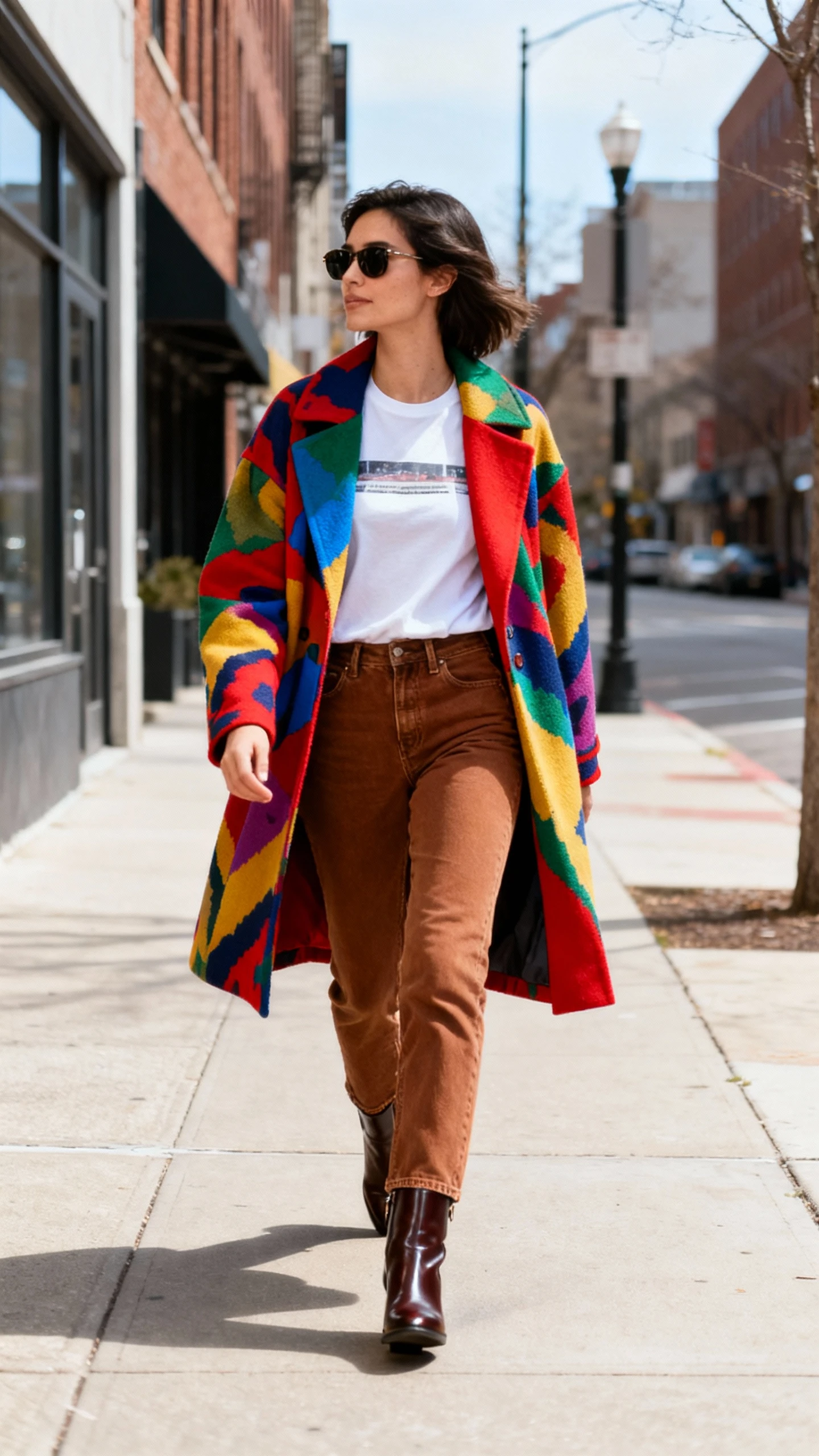 Natural lifestyle photo of a woman in a bold statement coat (colorful or patterned) over a simple tee, brown jeans, sleek boots, sunglasses, striding down a city sidewalk, face looking away, crisp daylight, iPhone photo quality.