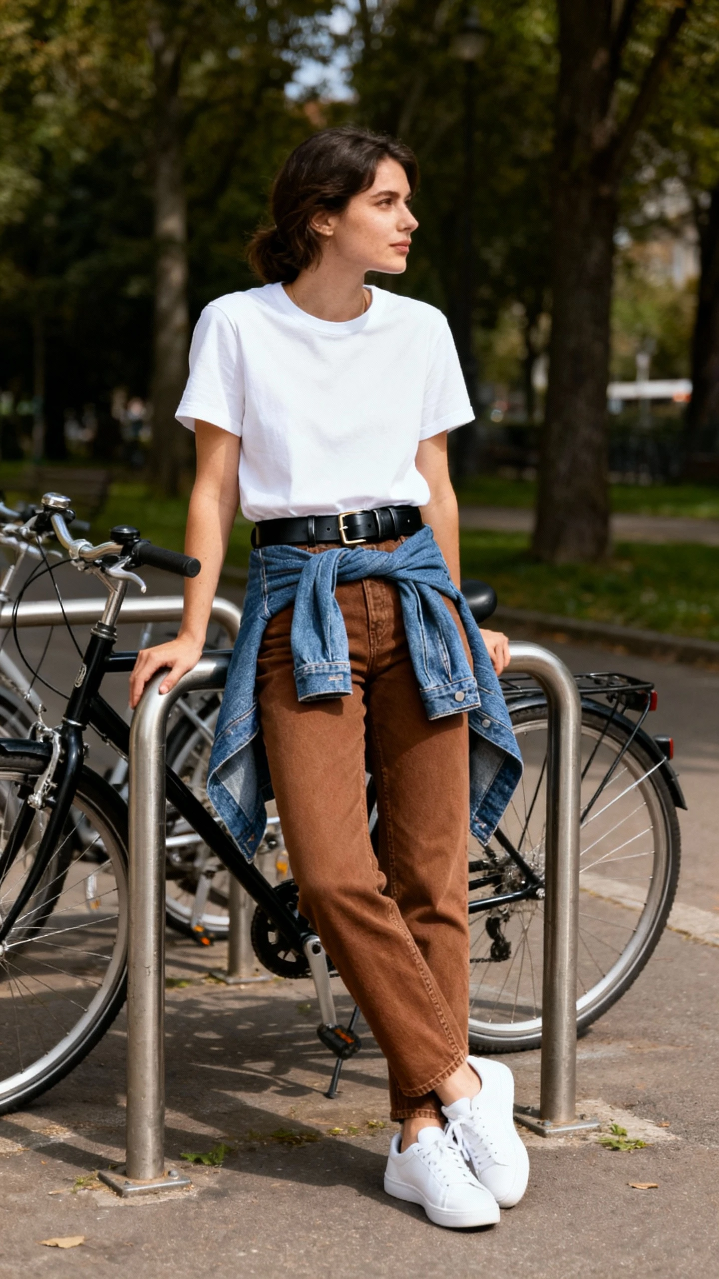 Natural lifestyle photo of a woman in a crisp white tee tucked into brown jeans with white sneakers and a black leather belt, denim jacket tied around waist, leaning on a bike rack, face looking away, afternoon daylight, iPhone photo quality.