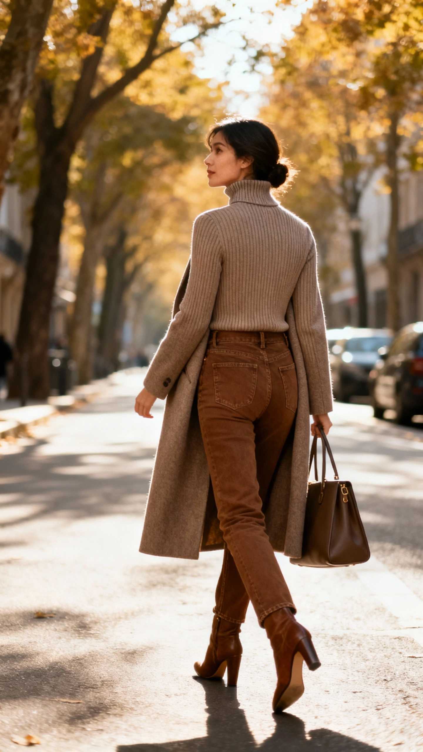 Natural lifestyle photo of a woman in a fitted ribbed turtleneck, long tailored wool coat, brown jeans, heeled boots, structured tote, walking along tree-lined street, face looking away, soft morning light, iPhone snapshot.