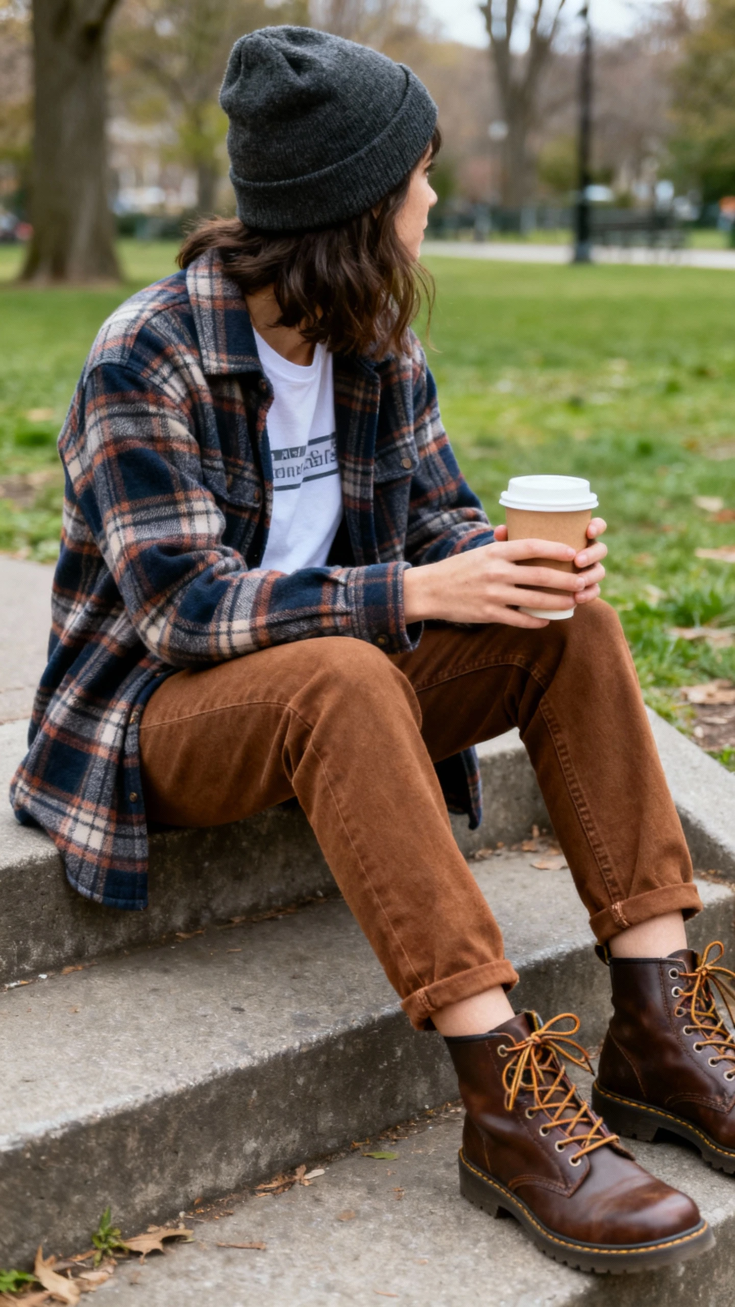 Natural lifestyle photo of a woman in a plaid shacket layered over a tee, brown jeans, lace-up boots, beanie, sitting on park steps with a takeout coffee, face looking away, cool daylight, casual iPhone aesthetic.