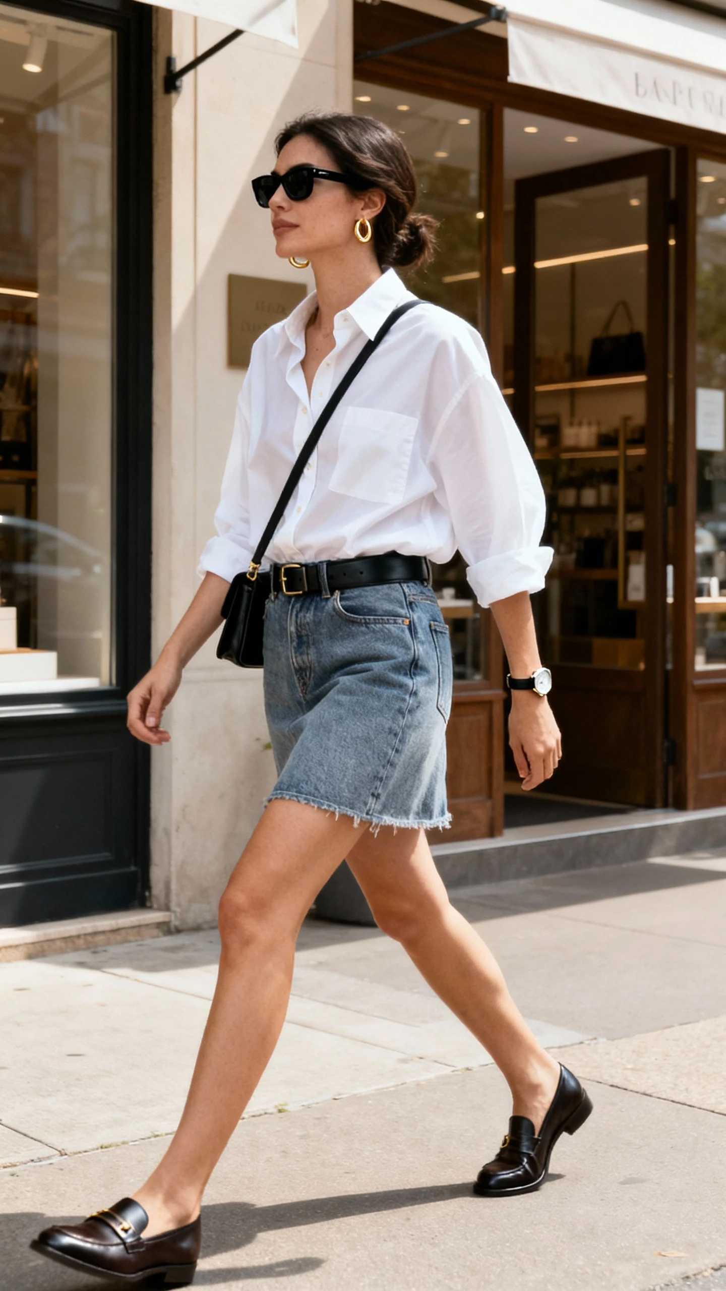 Natural lifestyle photo of a woman in a slightly oversized crisp white button-down, mid-wash denim mini skirt, black leather belt, loafers, structured crossbody, gold hoops, slim watch, and black sunglasses, walking past storefronts, face looking away, natural daylight, candid iPhone photo quality, unstaged.