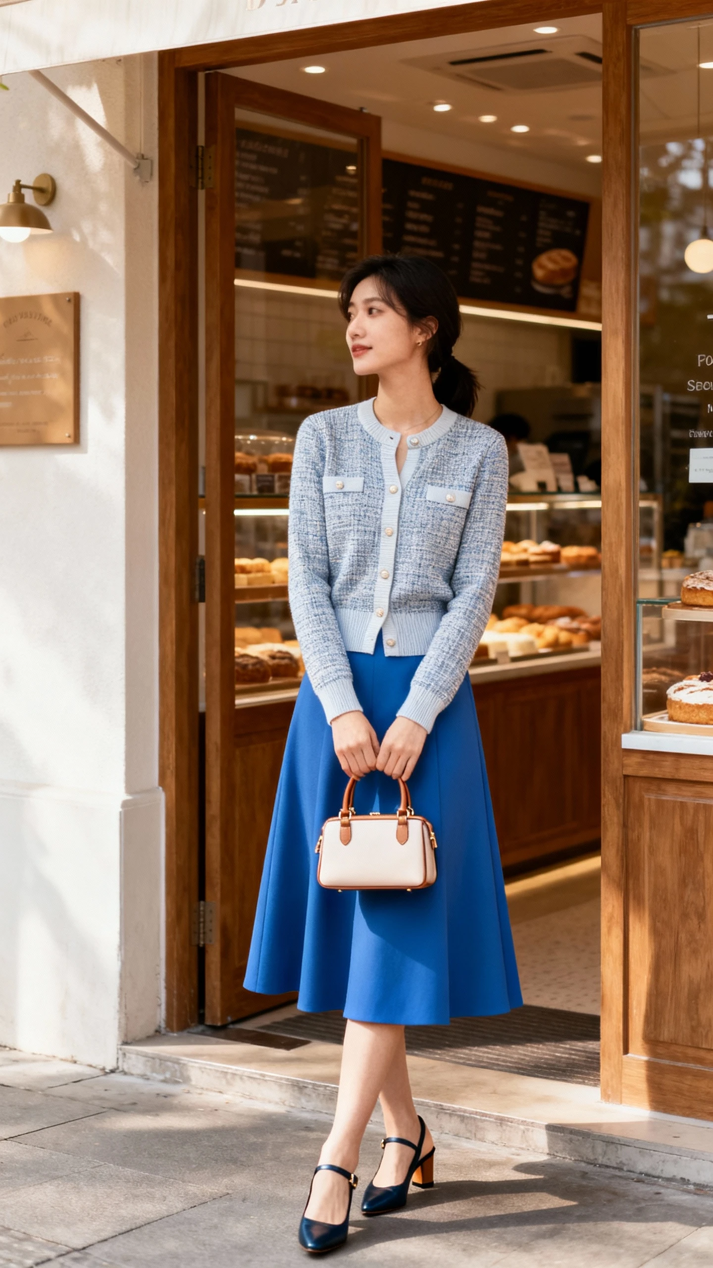 Natural lifestyle photo of a woman in a tailored cardigan set with a blue A-line skirt, slingback flats, and a small top-handle bag, pausing outside a bakery, face looking away, gentle morning light, iPhone photo quality.