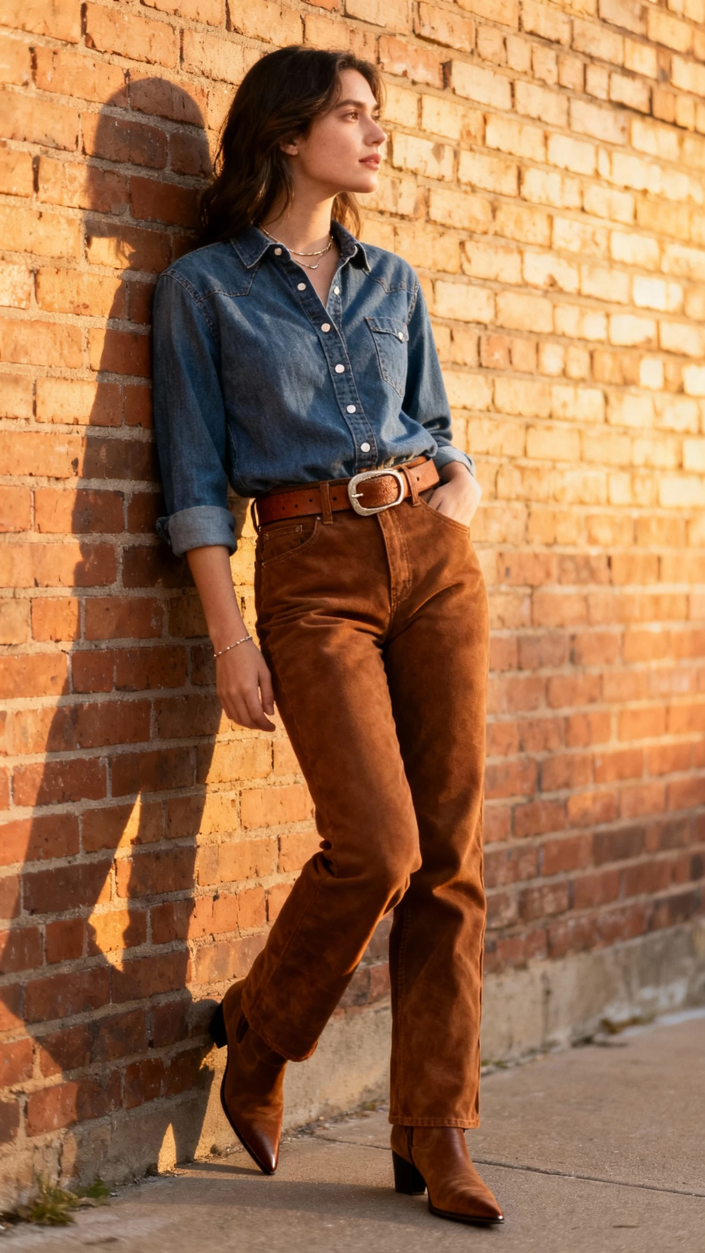 Natural lifestyle photo of a woman in a western-inspired outfit: suede belt with subtle buckle, brown jeans, pointed ankle boots, denim snap shirt, minimal jewelry, leaning on a brick wall, face looking away, golden-hour light, iPhone aesthetic.