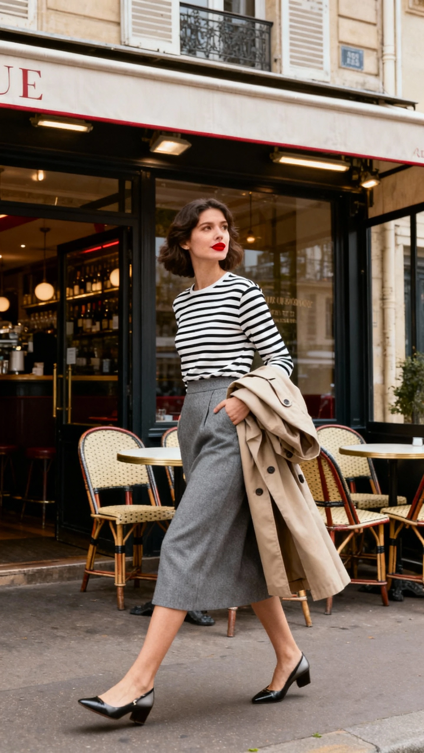 Natural lifestyle photo of a woman wearing a grey midi skirt, black-and-white striped top, classic trench draped over arm, red lipstick, low heels, walking past a Parisian café, face looking away, candid moment, natural daylight, iPhone photo quality, unstaged.
