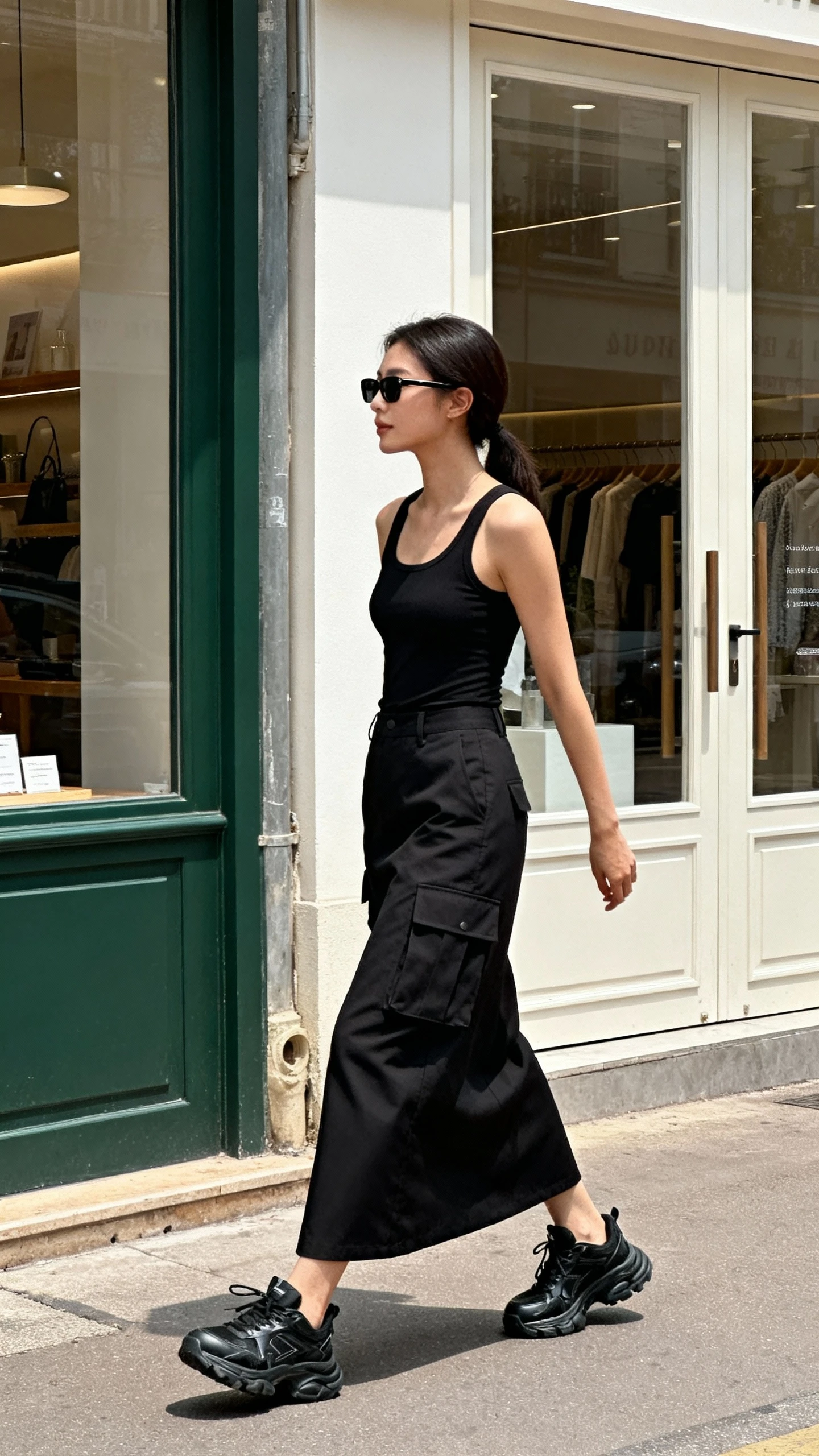 Natural lifestyle photo of a woman wearing a sleek black cargo maxi skirt, fitted black tank, slim sunglasses, and chunky black sneakers, walking past storefronts, face looking away, candid moment, natural daylight, iPhone photo quality, unstaged.