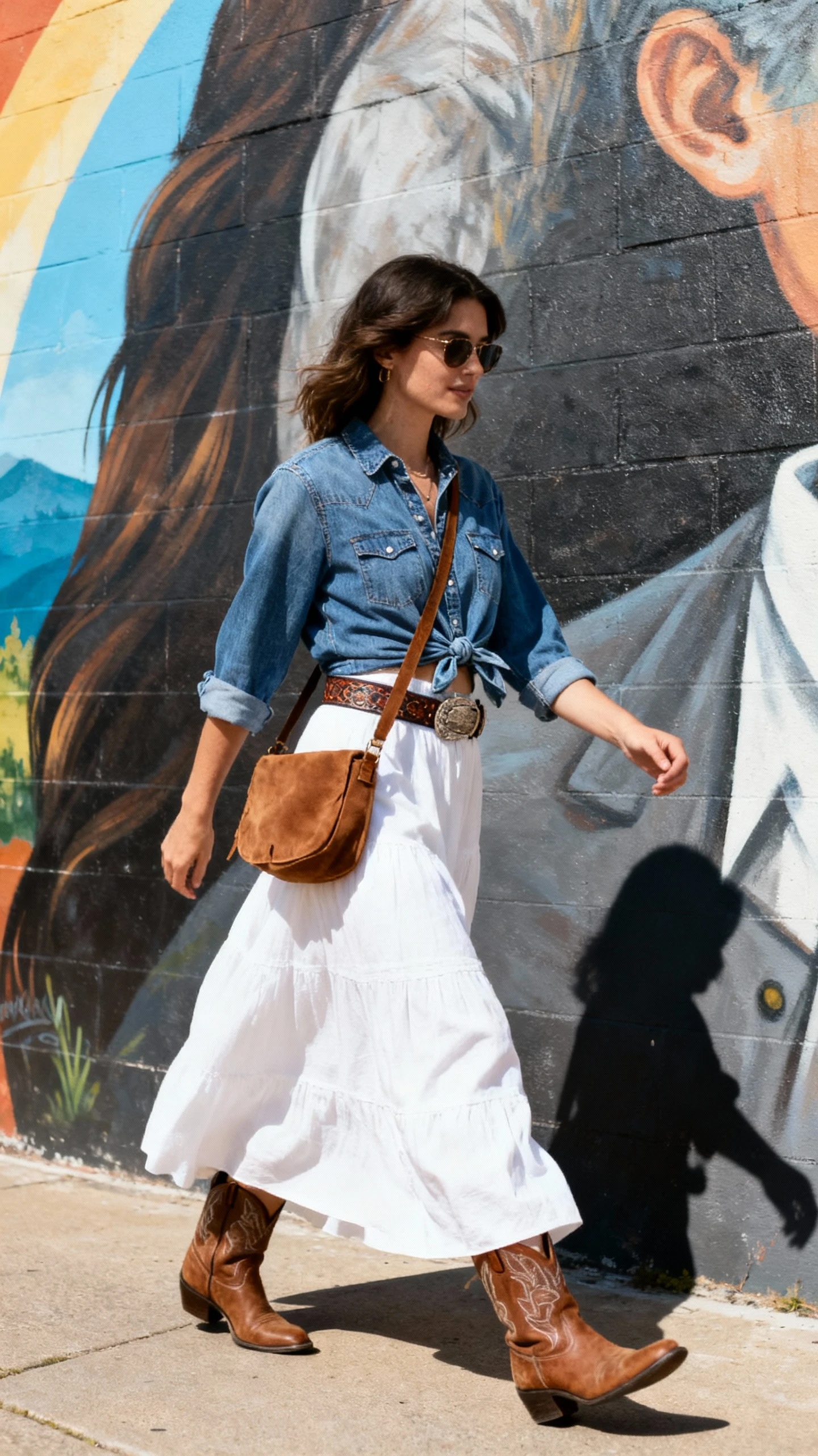 Natural lifestyle photo of a woman wearing a white maxi skirt with a denim shirt tied at the waist, western-inspired belt, ankle cowboy boots, and a suede crossbody, walking past a mural, face in shadow, bright daylight, iPhone photo quality.