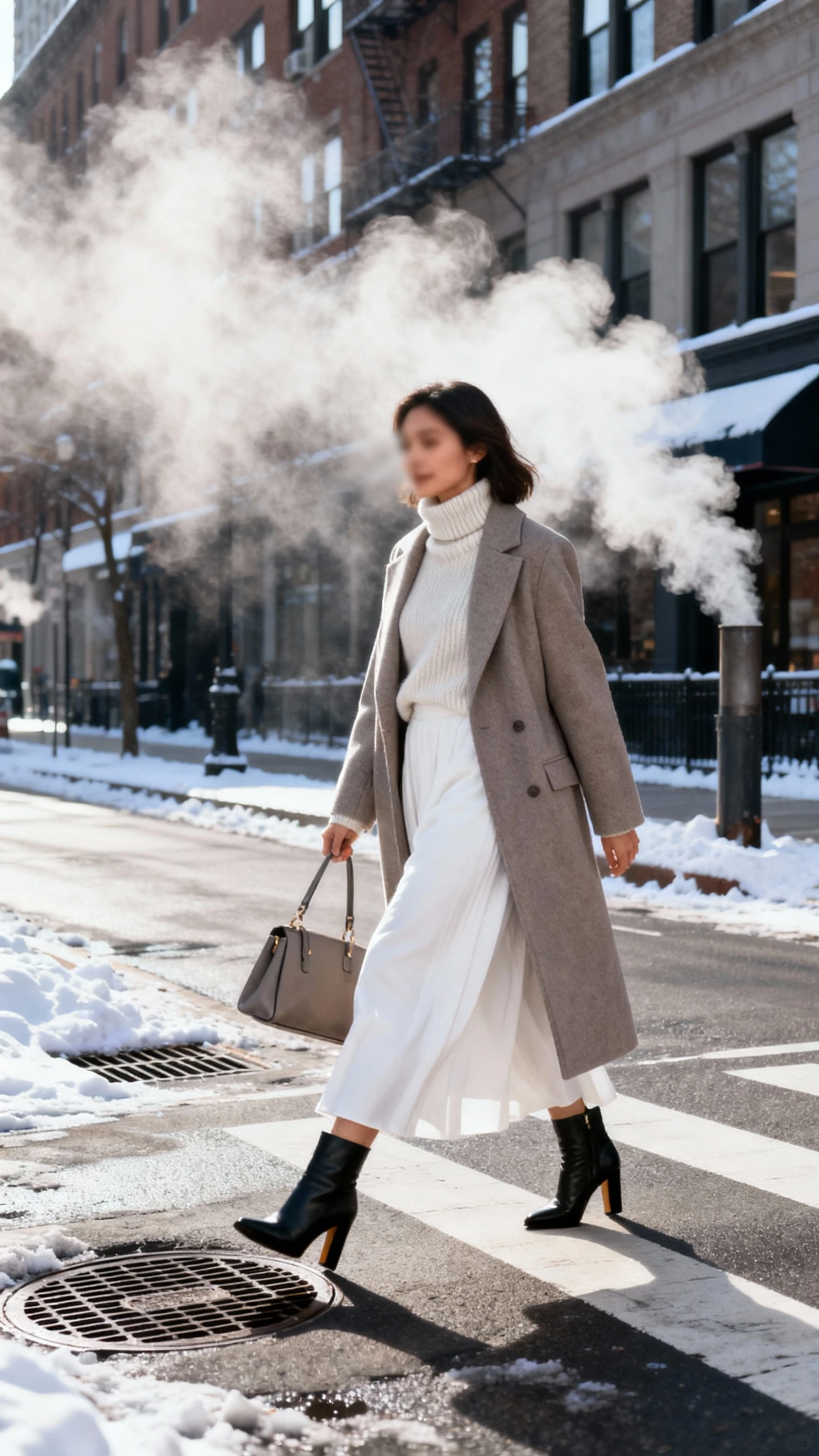 Natural lifestyle photo of a woman wearing a white maxi skirt with a cozy turtleneck sweater and a long tailored coat, heeled boots and structured handbag, crossing a wintery avenue with steam rising from vents, face slightly blurred, cool daylight, iPhone photo quality.