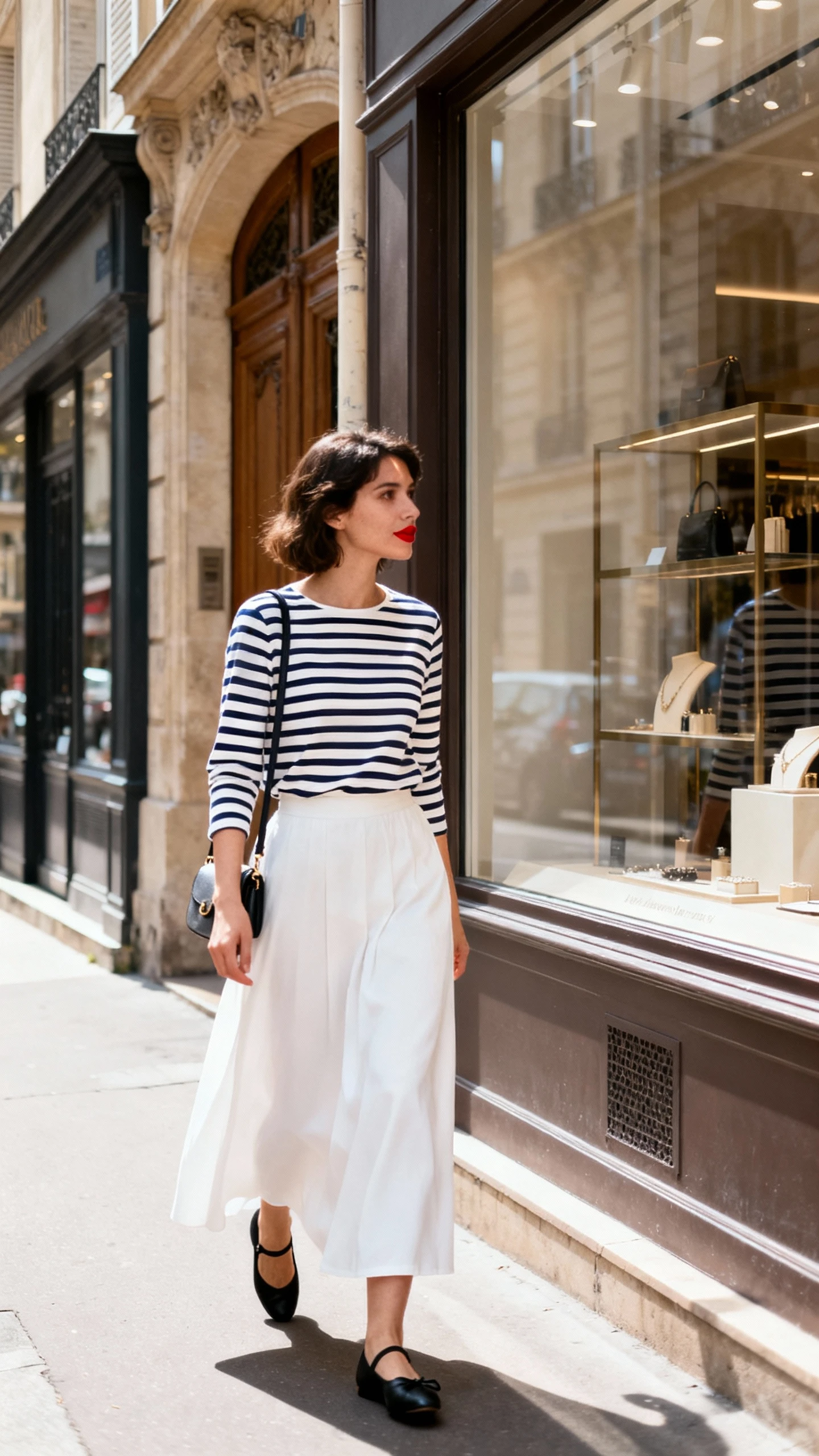 Natural lifestyle photo of a woman wearing a white maxi skirt with a navy-and-white striped Breton top, black ballet flats, small shoulder bag, and a subtle red lip, window-shopping on a Parisian-style street, face in shadow, soft afternoon light, iPhone photo quality.