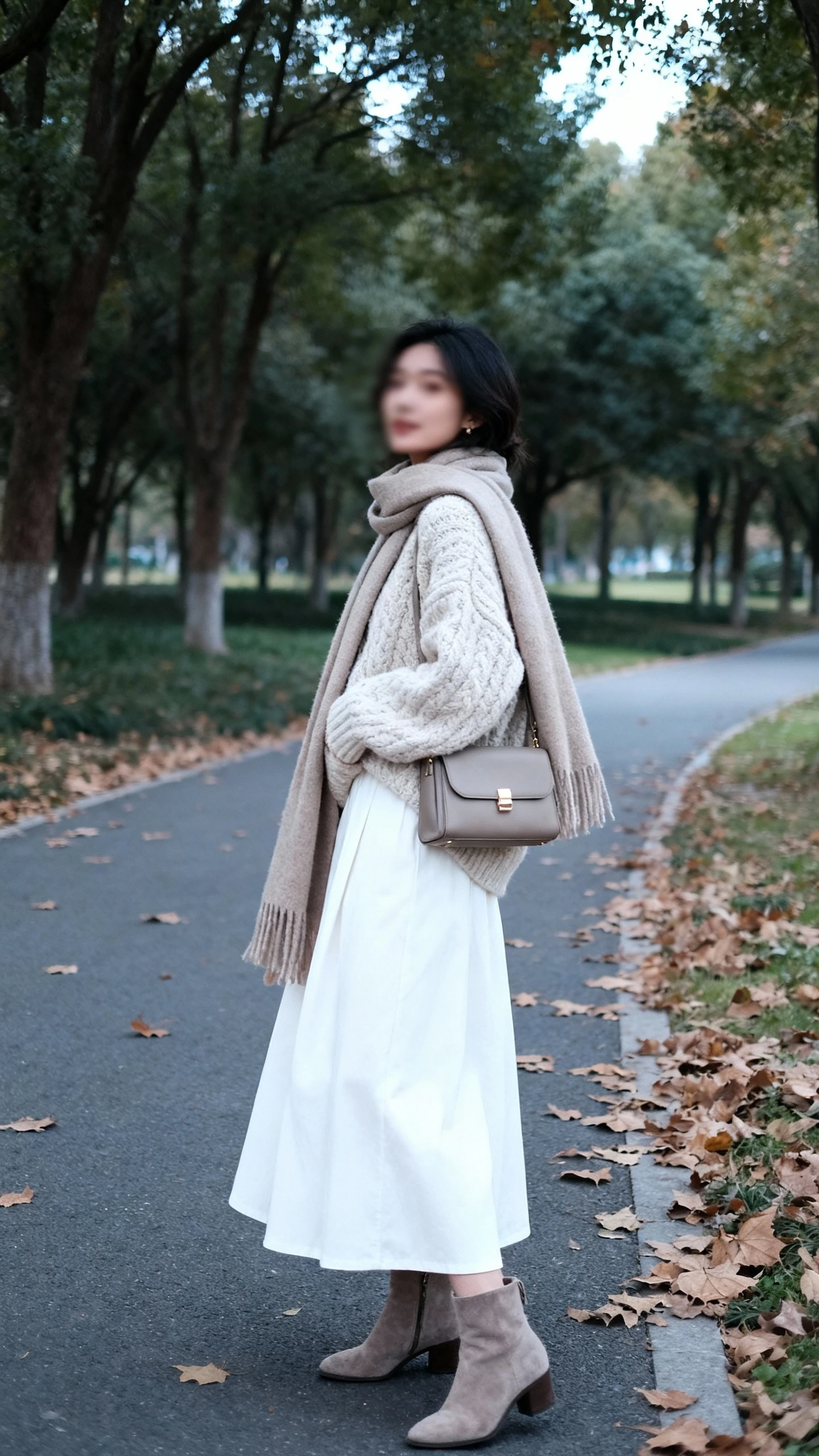 Natural lifestyle photo of a woman wearing a white maxi skirt with an oversized chunky sweater and ankle boots, long scarf and structured bag, pausing on a tree-lined park path with leaves underfoot, face slightly blurred, cool daylight, iPhone photo quality.