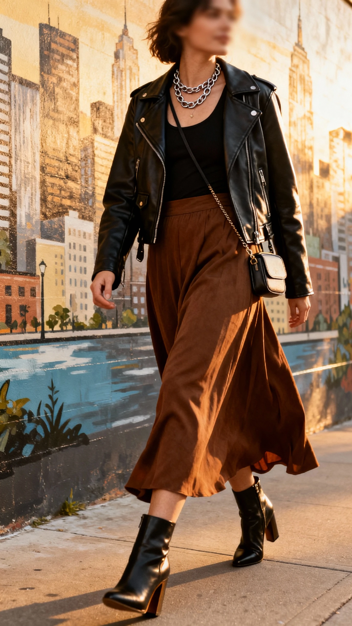Natural lifestyle shot of a woman wearing a brown flowy maxi skirt, black leather moto jacket, black fitted tank, heeled ankle boots, layered chain necklaces, and a mini crossbody, walking past a city mural, face slightly blurred, golden-hour light, iPhone photo quality.