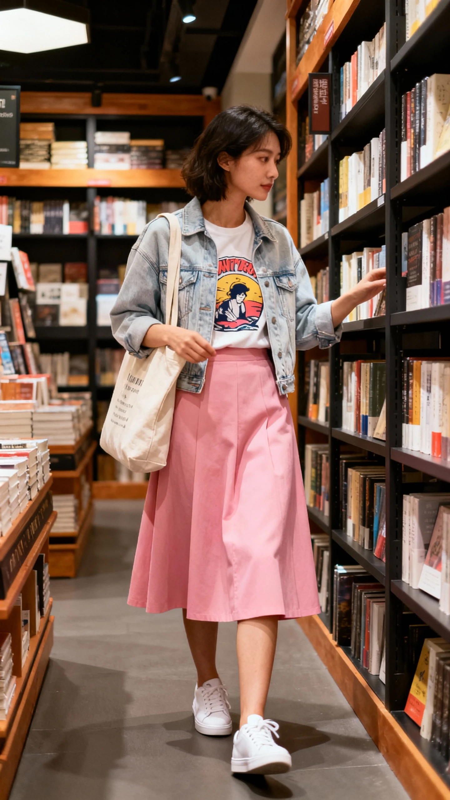 Natural photo of a woman in a graphic tee, light-wash denim jacket, pink A-line skirt, white sneakers, and a canvas tote, browsing a bookstore, face looking away, ambient indoor light, iPhone photo quality.