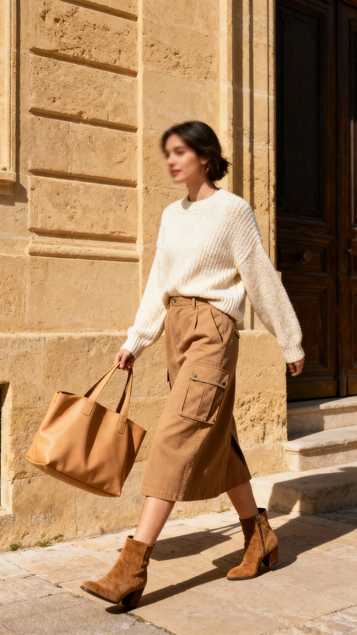 Natural photo of a woman in a tan cargo midi skirt, cream knit sweater, and suede ankle boots with a camel tote, walking by a sandstone building, face slightly blurred, warm daylight, iPhone photo quality.