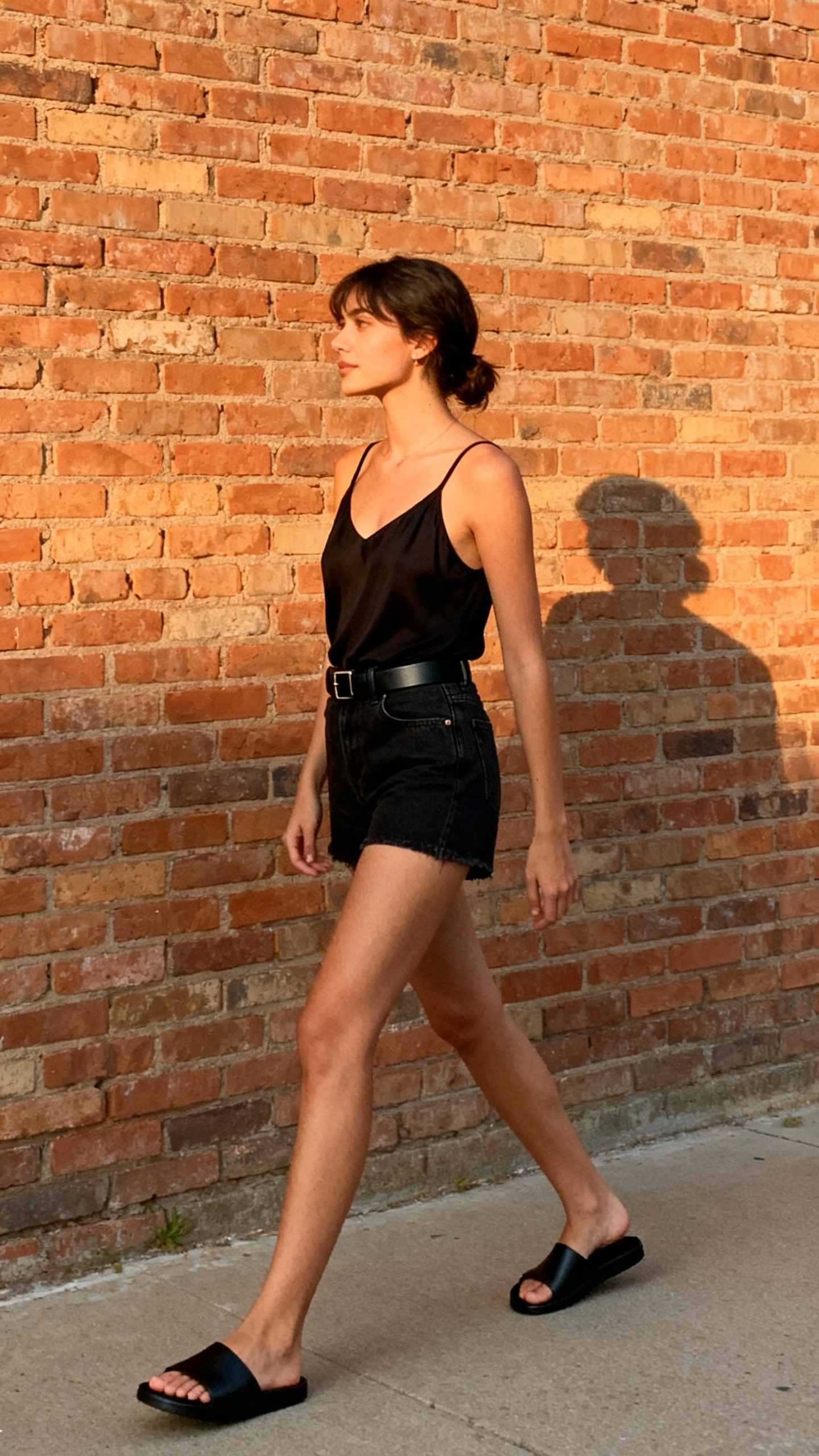 Natural photo of a woman in an all-black look: airy black tank, black denim shorts, slim black belt, and black slide sandals, walking past a brick wall, face looking away, late-afternoon light, iPhone photo quality, unstaged.