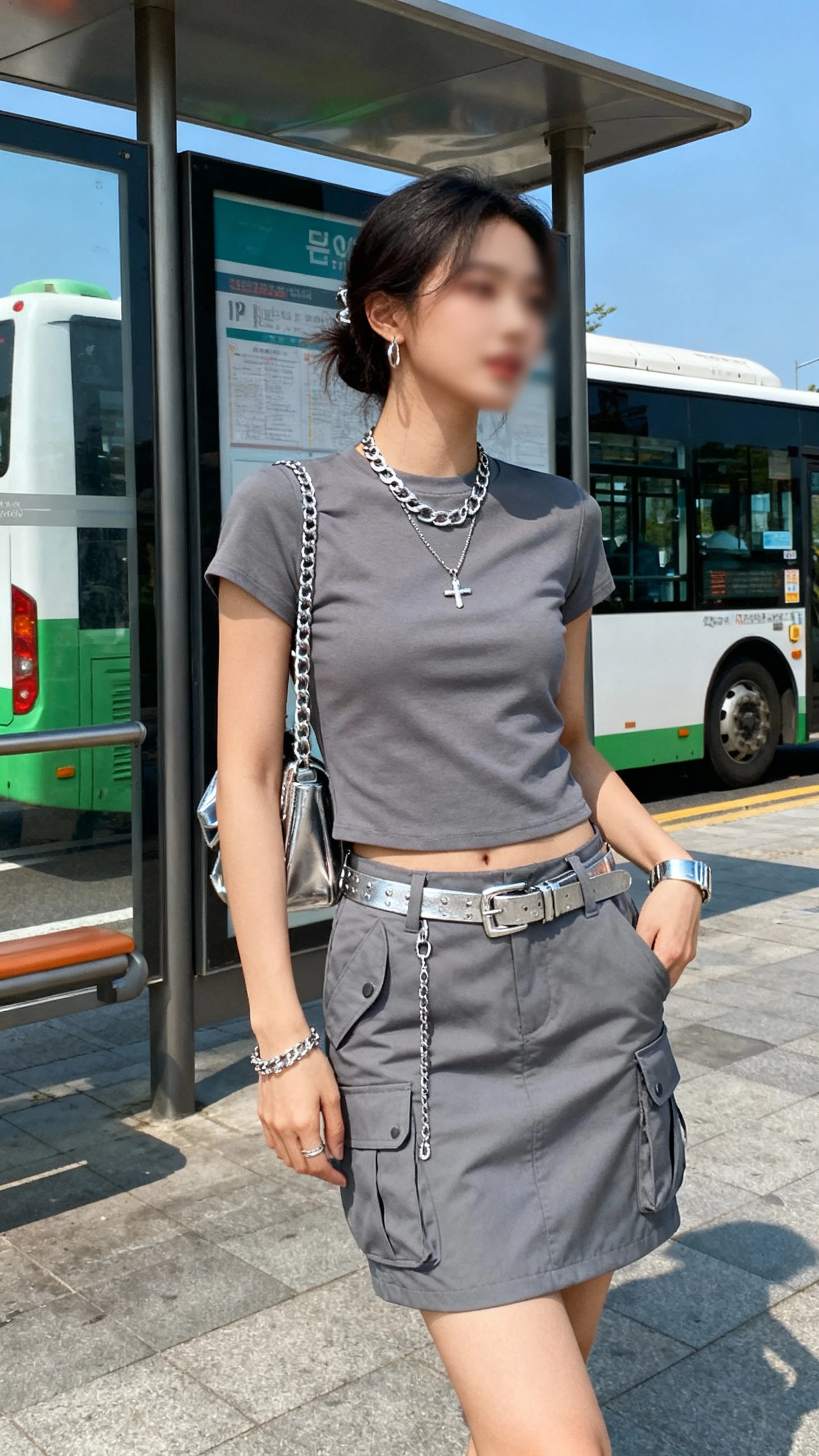 Natural photo of a woman in an all-gray cargo set (gray cargo skirt and gray top) with silver jewelry and metallic accents, waiting at a bus stop, face slightly blurred, bright daylight, iPhone quality.