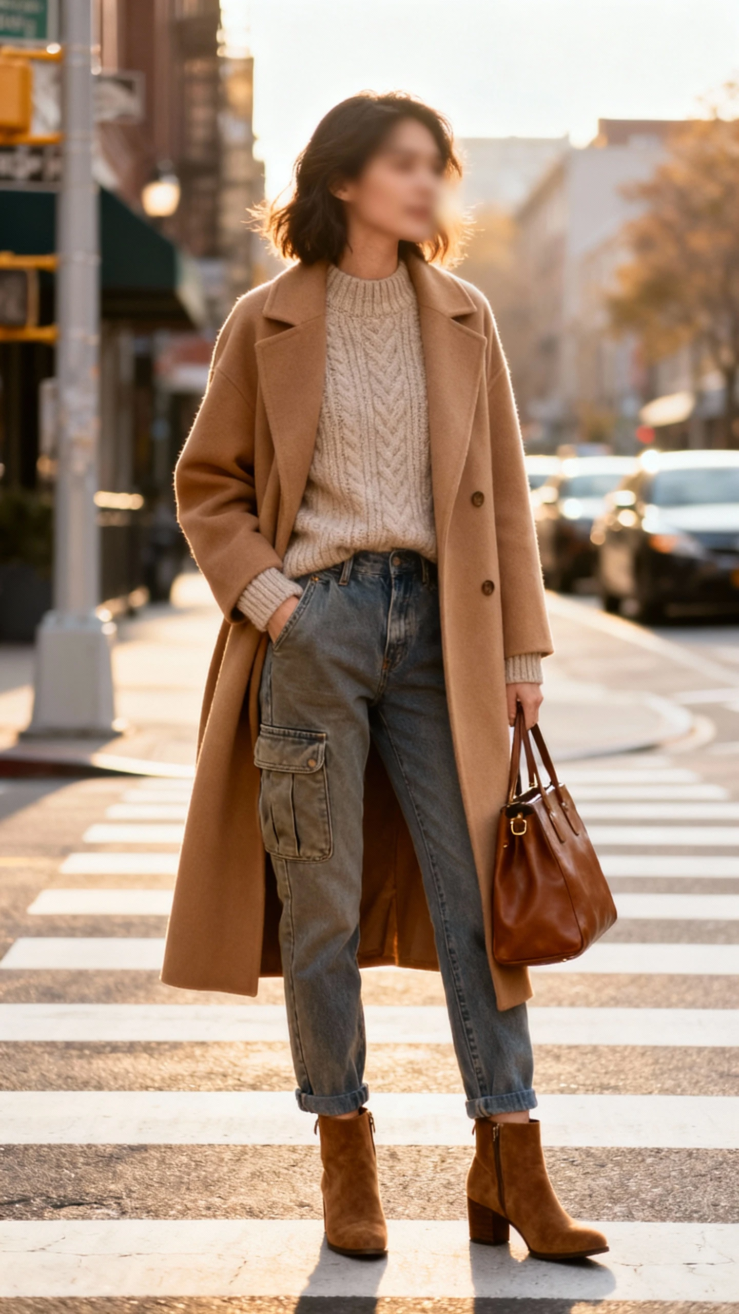 Natural photo of a woman in cargo jeans, tonal knit and longline camel coat, suede ankle boots, and a leather tote, standing at a crosswalk, face slightly blurred, soft morning light, iPhone candid.
