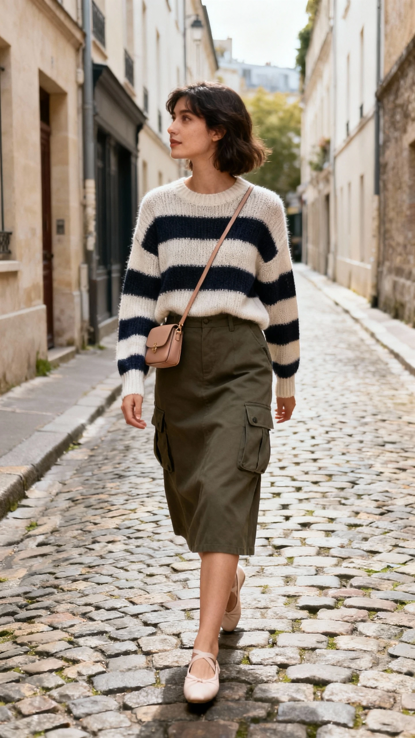 Natural street photo of a woman in a striped knit sweater, midi cargo skirt, ballet flats, and a small crossbody, strolling along a cobblestone lane, face looking away, soft daylight, iPhone photo quality.