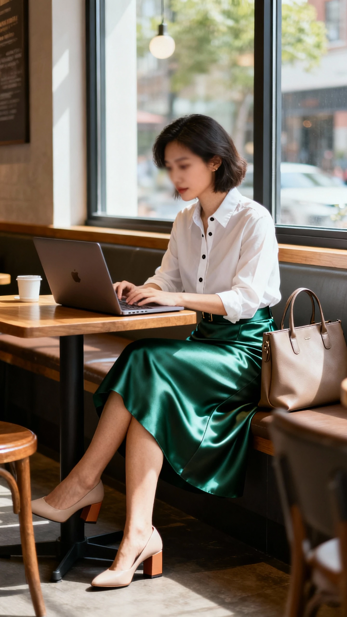 Office-casual photo of a woman in a crisp button-down tucked into a bias-cut satin skirt with block-heel pumps and a laptop tote, working at a café table, face slightly blurred, window light, iPhone photo quality.