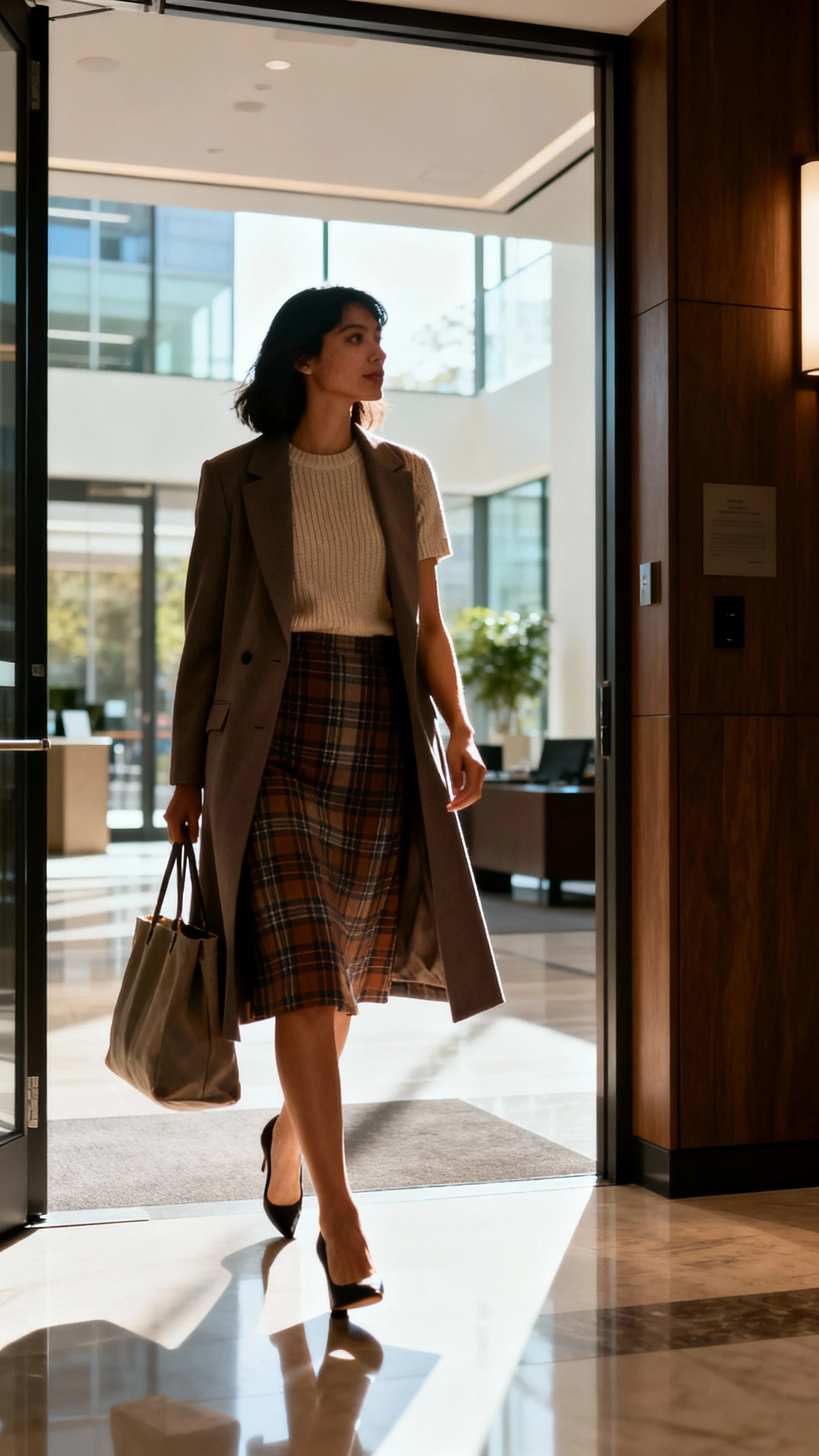 Office-ready candid of a woman wearing a plaid skirt with a short-sleeve knit top, longline tailored coat, and low heels, walking into an office lobby with a tote, face in shadow, indoor daylight, iPhone photo quality.