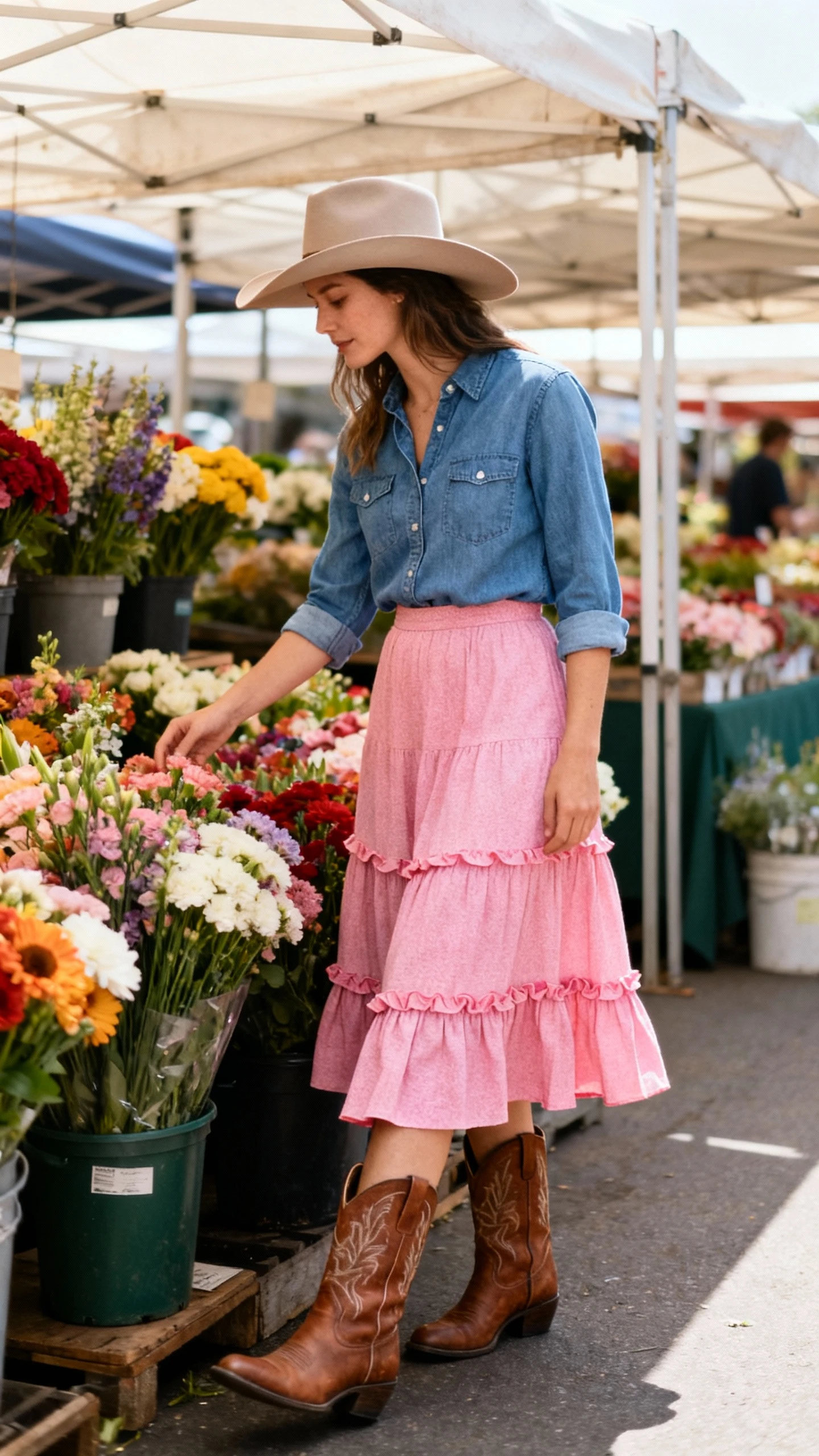 Outdoor market candid of a woman wearing Western boots, a pink prairie skirt with subtle ruffles, a tucked-in chambray shirt, and a wide-brim hat, browsing flower stalls, face slightly blurred, natural daylight, iPhone photo quality.