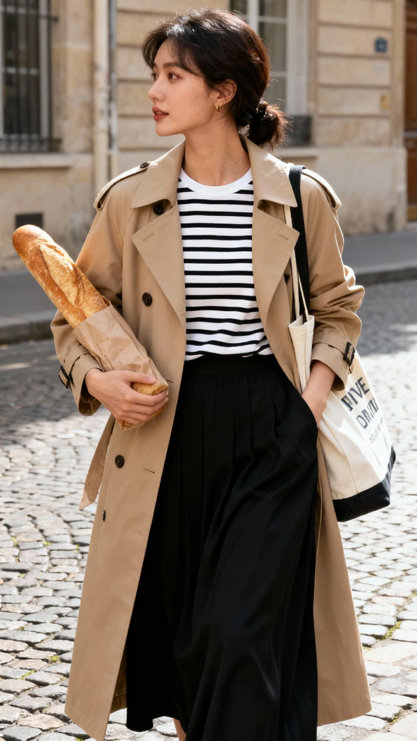 Parisian-inspired candid of a woman in a black maxi skirt with a beige trench coat and black-and-white striped tee, carrying a baguette and tote, face looking away, cobblestone street, soft daylight, iPhone quality.