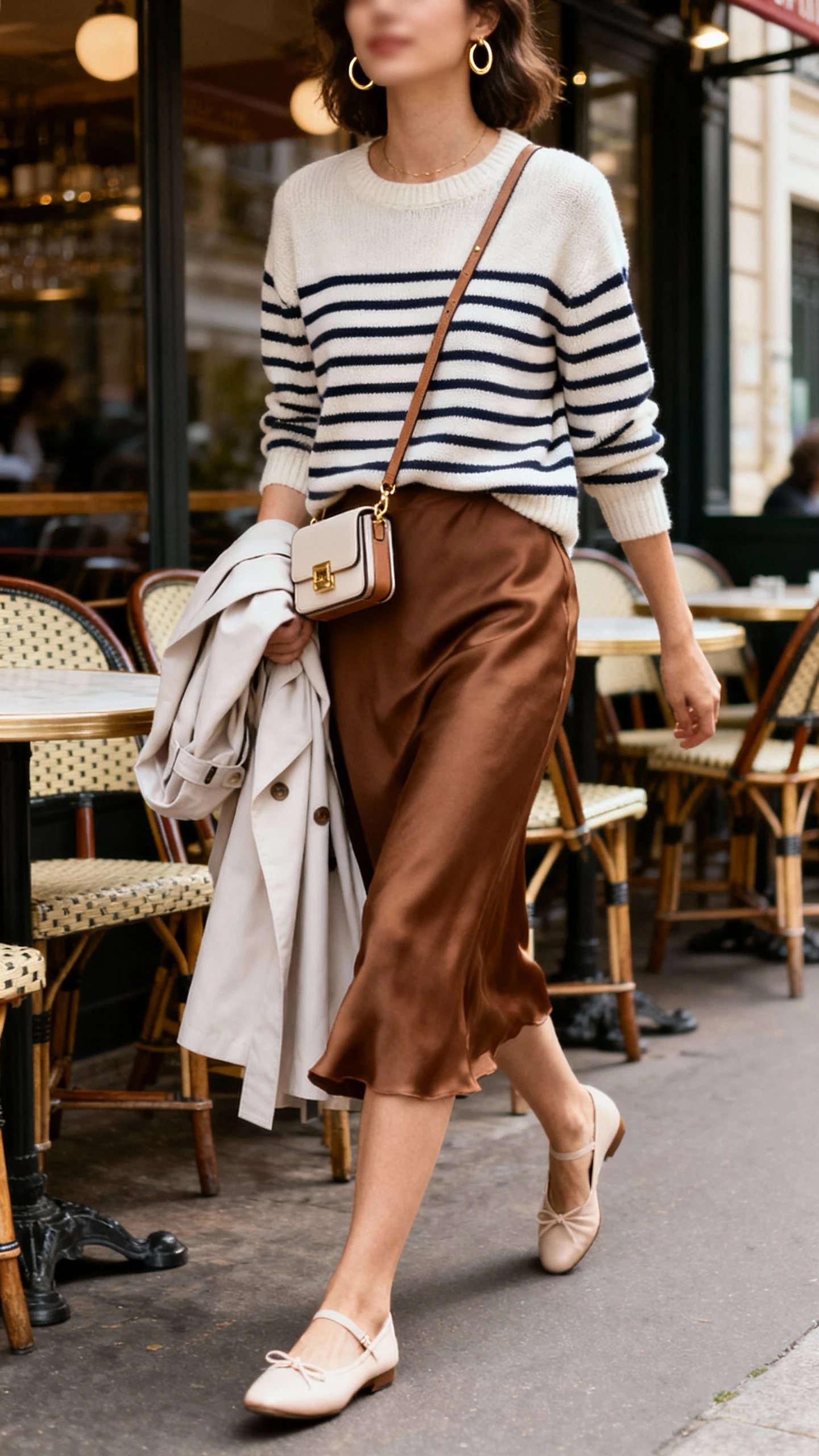 Parisian-inspired candid of a woman wearing a brown slip skirt, striped Breton knit, ballet flats, compact crossbody bag, delicate gold hoops, and a light trench over arm, strolling past a cafe terrace, face slightly blurred, soft daylight, iPhone photo quality.