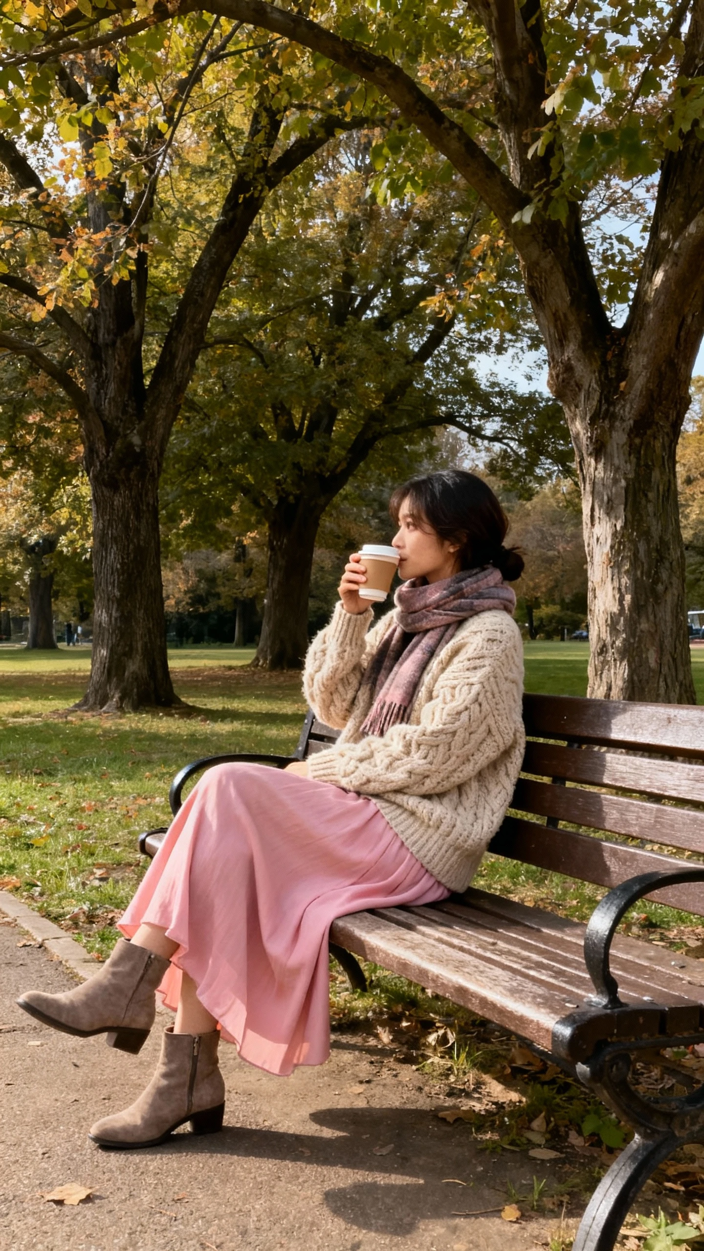 Park bench candid of a woman wearing a chunky oatmeal sweater, flowy pink maxi skirt, ankle boots, and a scarf, sipping a coffee under trees, face looking away, soft afternoon light, iPhone photo quality.