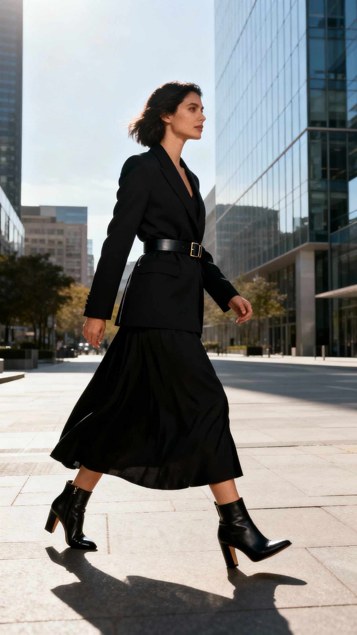 Power look candid of a woman wearing a black maxi skirt with a tailored blazer, waist belt, and heeled ankle boots, striding through a business district, face in shadow, morning daylight, iPhone photo style.