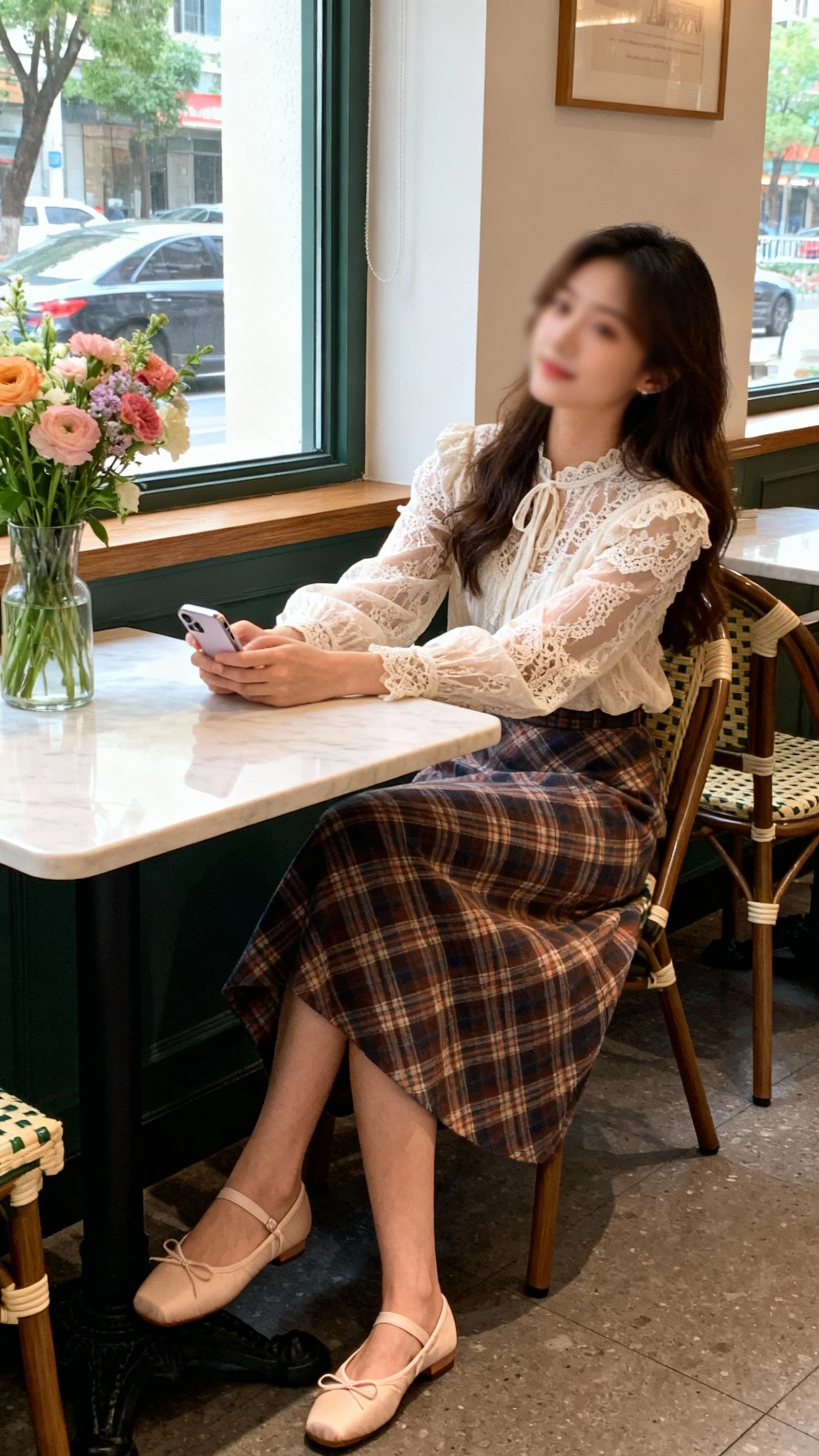 Soft candid photo of a woman in a plaid midi skirt with a delicate lace blouse and ballet flats, sitting at a cafe table with flowers, face slightly blurred, natural window light, iPhone aesthetic.