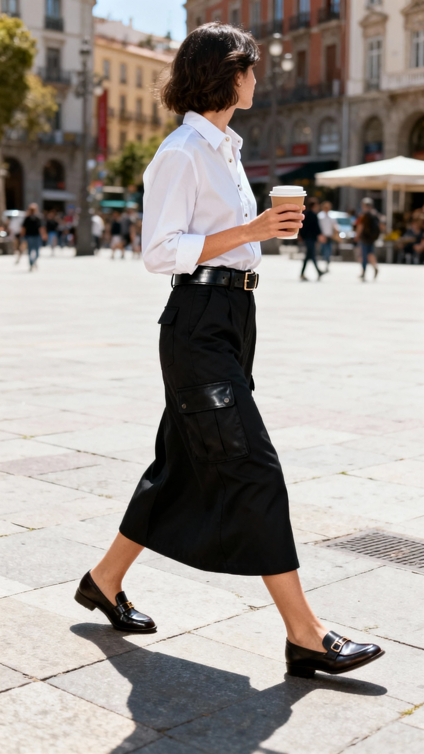 Street candid of a woman in a crisp button-up shirt tucked into a black cargo maxi with a sleek leather belt and loafers, crossing a city plaza with a coffee, face looking away, natural daylight, iPhone photo.