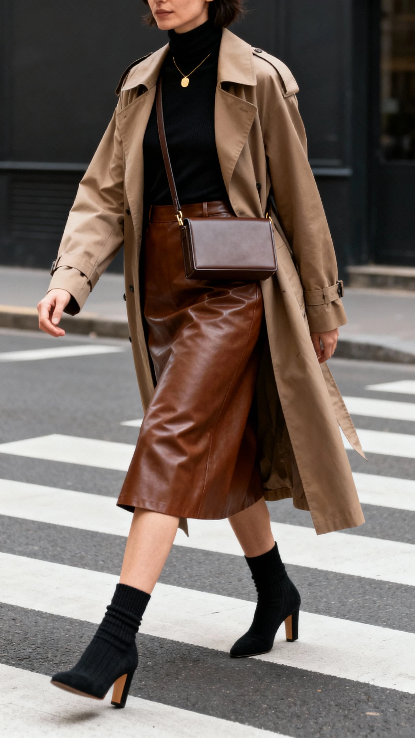 Street candid of a woman wearing a brown leather midi skirt, black fitted turtleneck, heeled sock boots, minimal gold pendant, long trench coat, and a boxy crossbody bag, crossing a crosswalk, face in shadow, overcast daylight, iPhone photo quality.