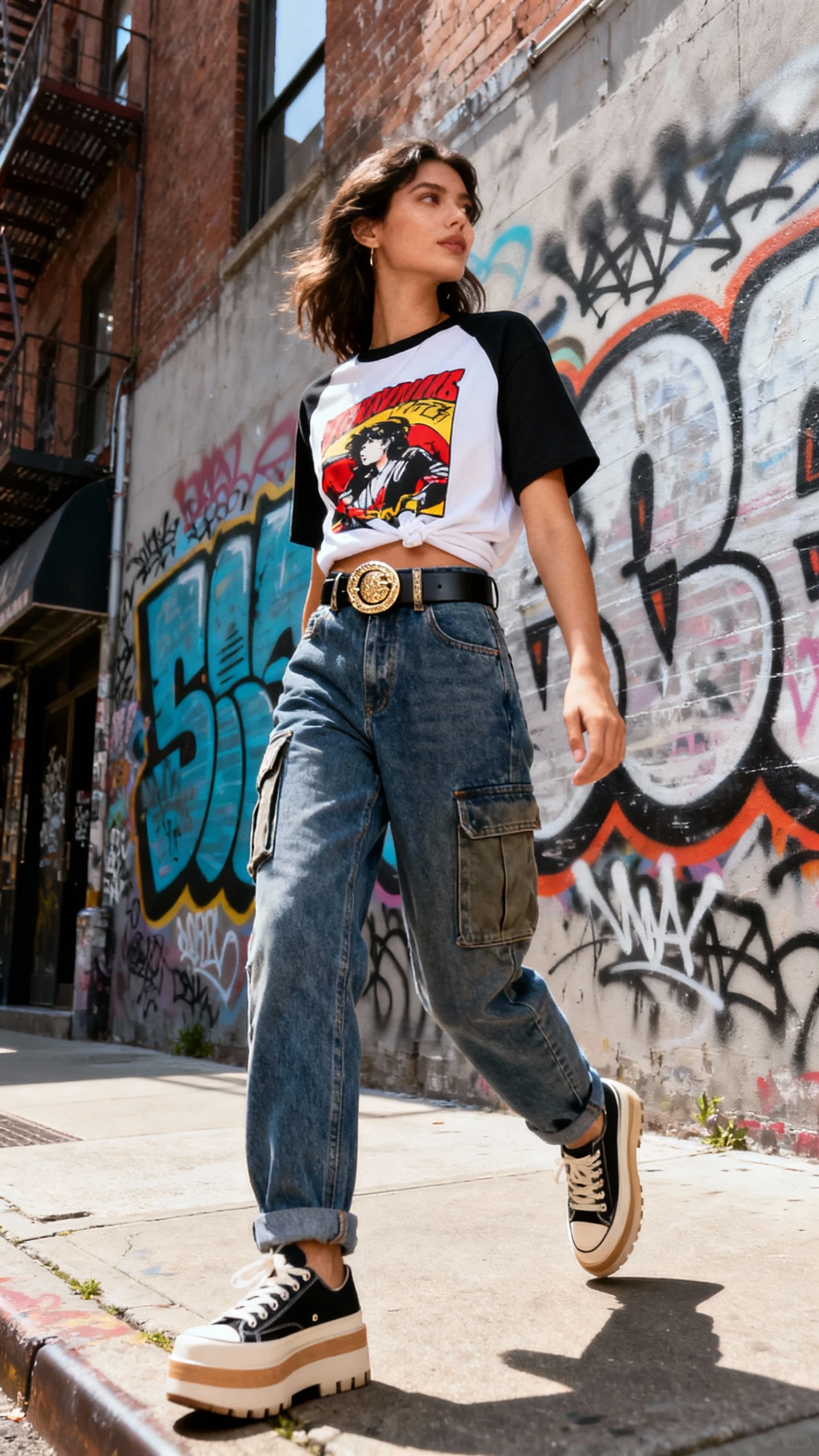 Street candid of a woman wearing cargo jeans, bold graphic tee tucked in, statement belt with oversized buckle, and platform sneakers, mid-stride on a graffiti-lined block, face looking away, bright daylight, iPhone photo.