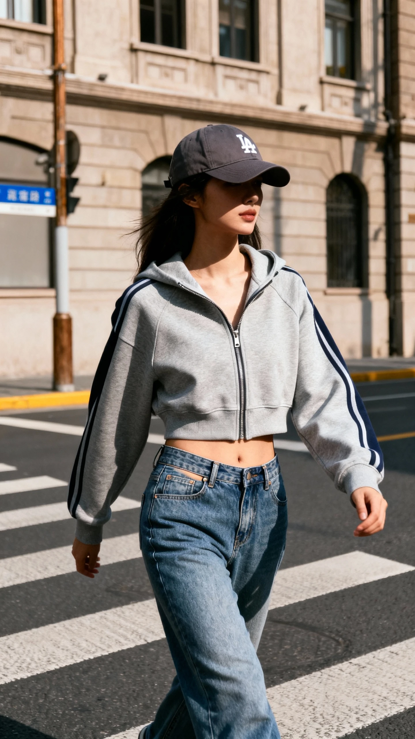 Street-style candid of a woman in low-waist jeans with a sporty zip-up hoodie and a baseball cap, crossing a city street, face in shadow under cap, natural daylight, iPhone photo quality.