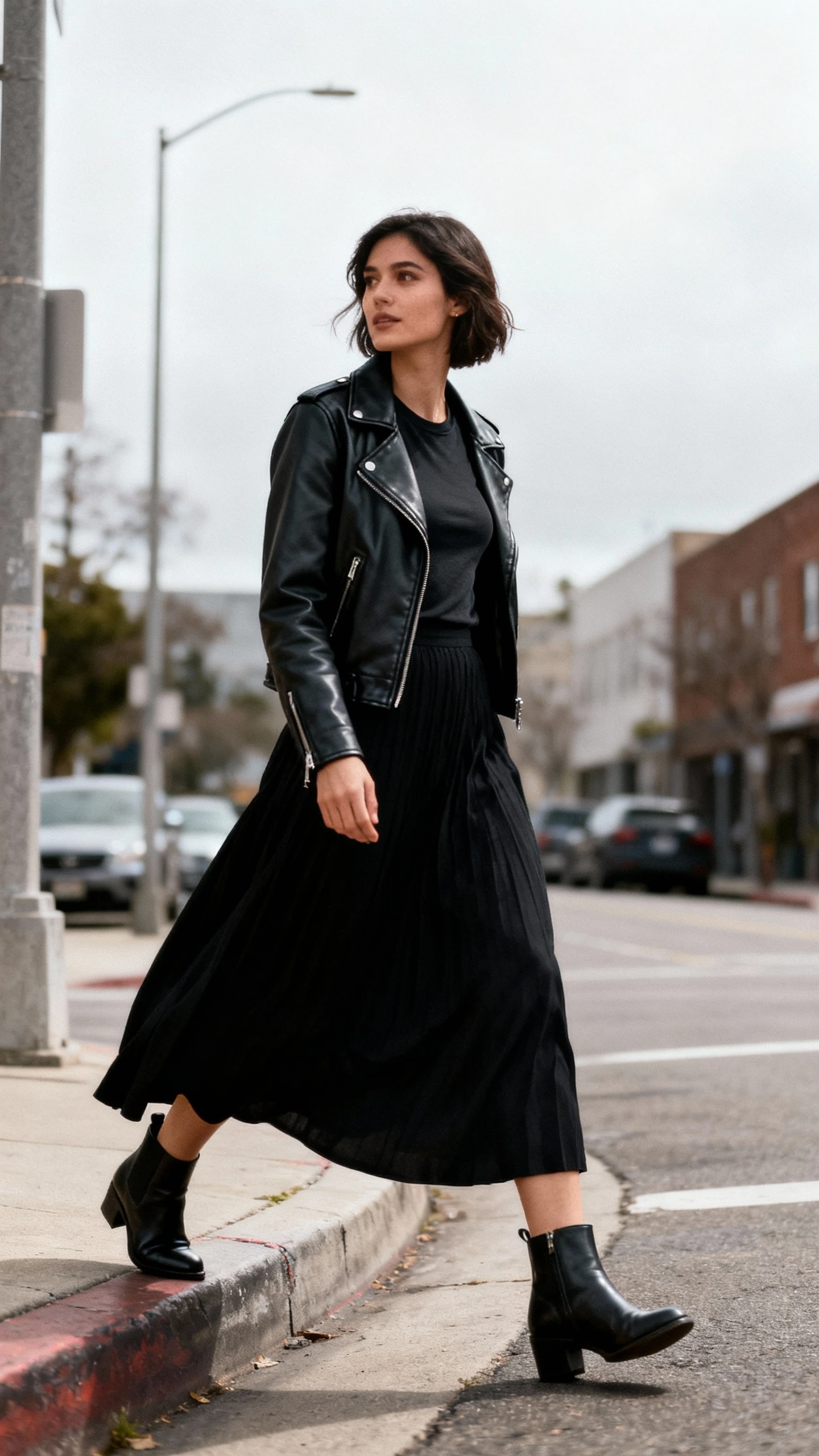 Street-style candid of a woman wearing a black maxi skirt, black leather jacket, fitted tee, and ankle boots, stepping off a curb, face in shadow and looking away, overcast daylight, iPhone photo quality.